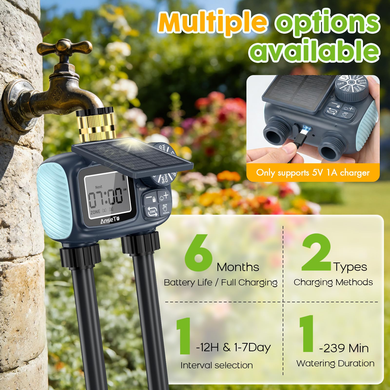 Programador de Riego Solar con 2 Salidas,Sistema de Riego Inteligente Ajustable con Carga Solar y Tipo C,Ecológico y de Bajo Consumo para Jardín,Césped y Huerto
