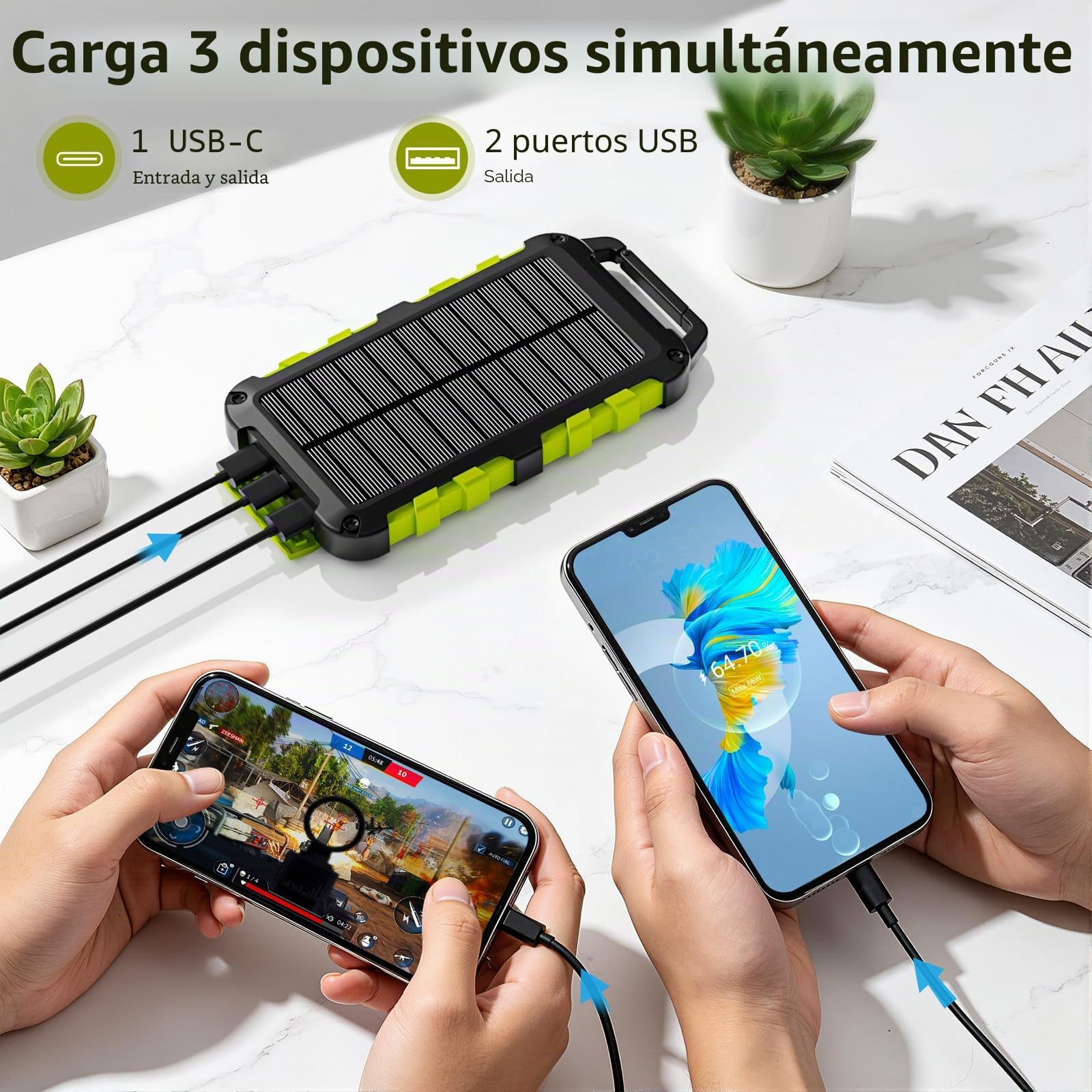 TOENNESEN Cargador Solar 10000 mAh Power Bank Solar, Bateria Externa con Carga Rápida 15W Impermeable IPX4 2 Puertos USB + Linterna LED Compatible con Smartphones Tablets Camping Multicolor