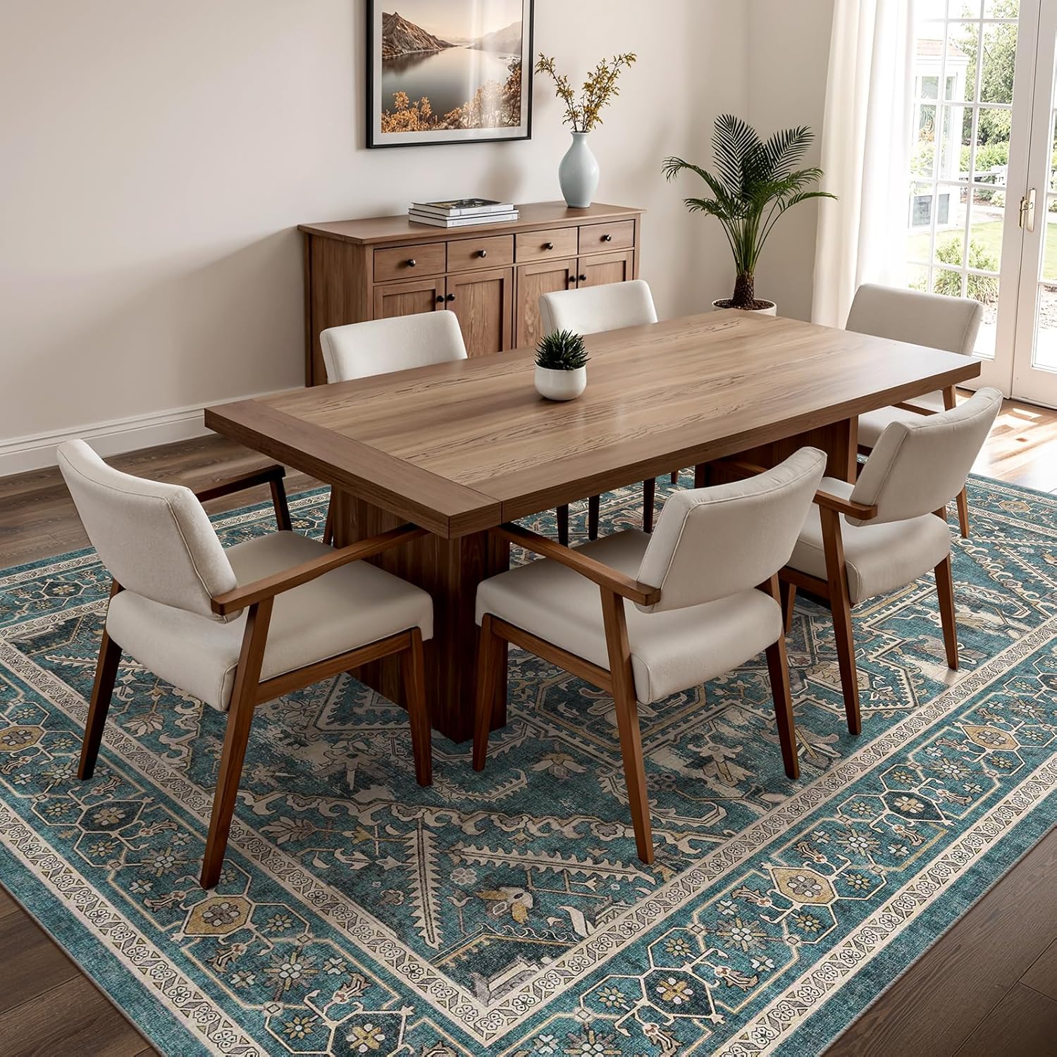 WITSHOCK 10x14 Teal Washable Rugs with 2x3 Brown