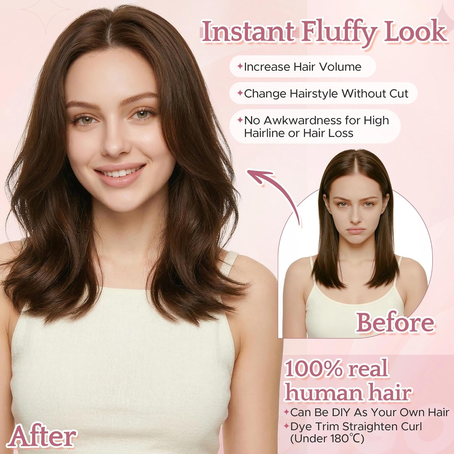 SEGO Hair Toppers for Women Real Human Hair With Side Bangs, Hand-tied No-Edge Invisible Breathable Fluffy Clip in Top Hairpieces for Thinning Hair -11 Inch Side Bangs #06 Light Brown