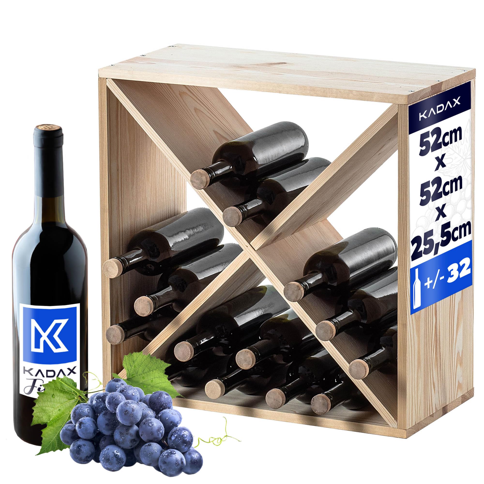KADAX Cantinetta in legno per vino, 52 x 25,5 x 52 cm, grande scaffale per numerose bottiglie, supporto rustico, scaffale poco ingombrante, armadietto stabile