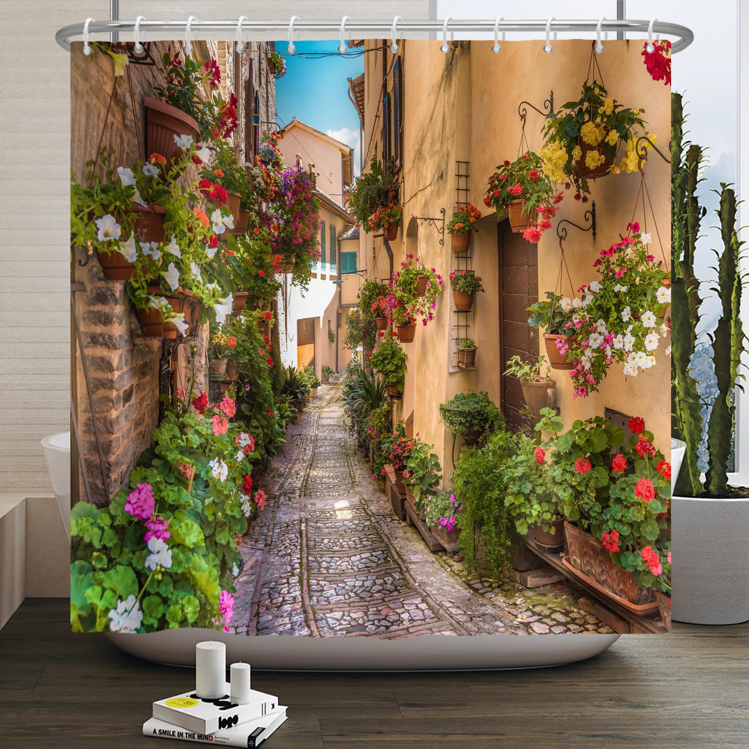 SDOTPMT 165x180cm Europe Cityscape Scenery Shower Curtain View of Stonewall House Flowerpot Bath Curtain Italian Mediterranean Street Bathtub Curtain for Women Bathroom Decor with Hooks