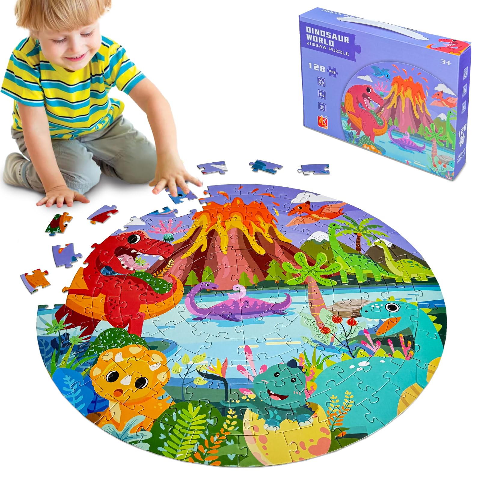 Kulveanju Kinder Puzzle ab 4 5 6 Jahre, 128 Teile Bodenpuzzle Dinosaurier Vulkan, Große kinderpuzzle Spielzeug Kreisförmig, Puzzle für Jungen und Mädchen 3-7 Jährige Geschenk, 42x42 cm