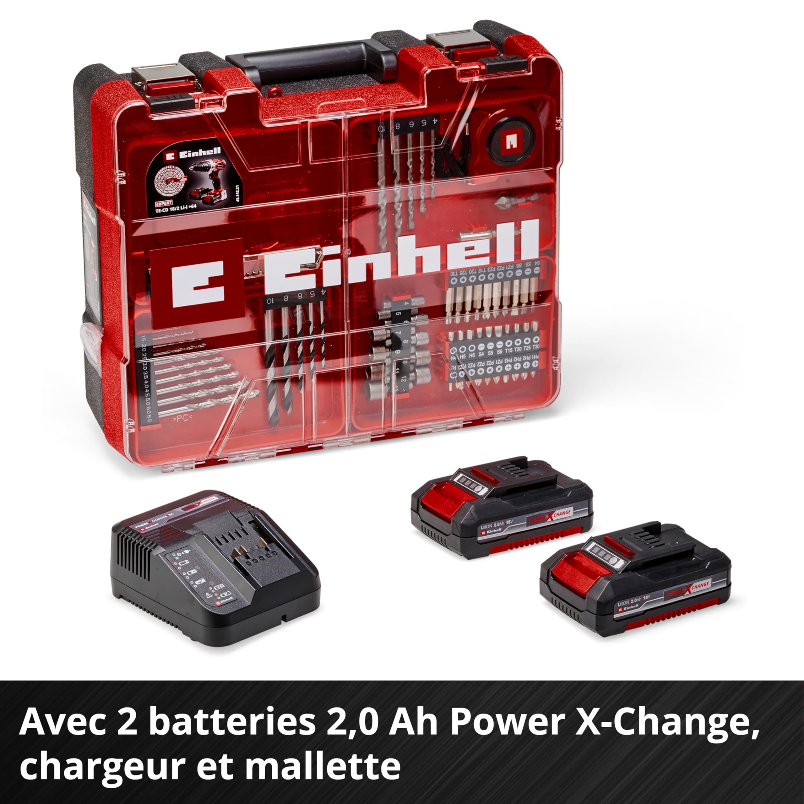 Einhell Perceuse Visseuse à percussion sans fil TE-CD 18/2 Li-i +64 (1 x 2,0 Ah) PXC Einhell (Li-ion, 18 V, Couple 44 Nm) Livré avec 2 Batteries 2,0Ah, Chargeur et 64 Accessoires