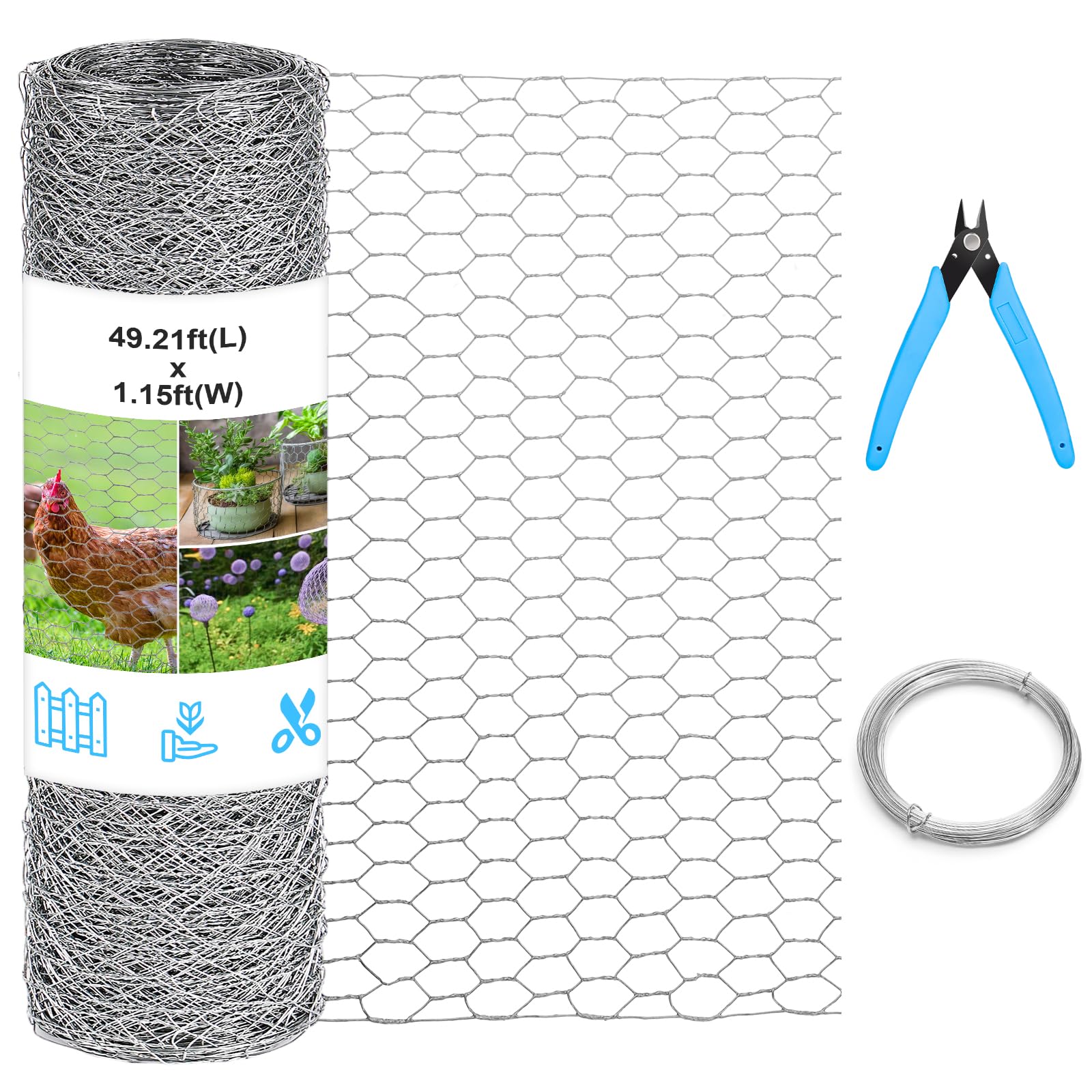 Chicken Wire Mesh 13.7 in x 50 ft in Silver Floral Chicken Wire Poultry Netting Hexagonal Galvanized PVC Coated Wire Mesh for Floral Arrangements Craft with 30 Zip Ties, Glove and Wire Cutting Pliers