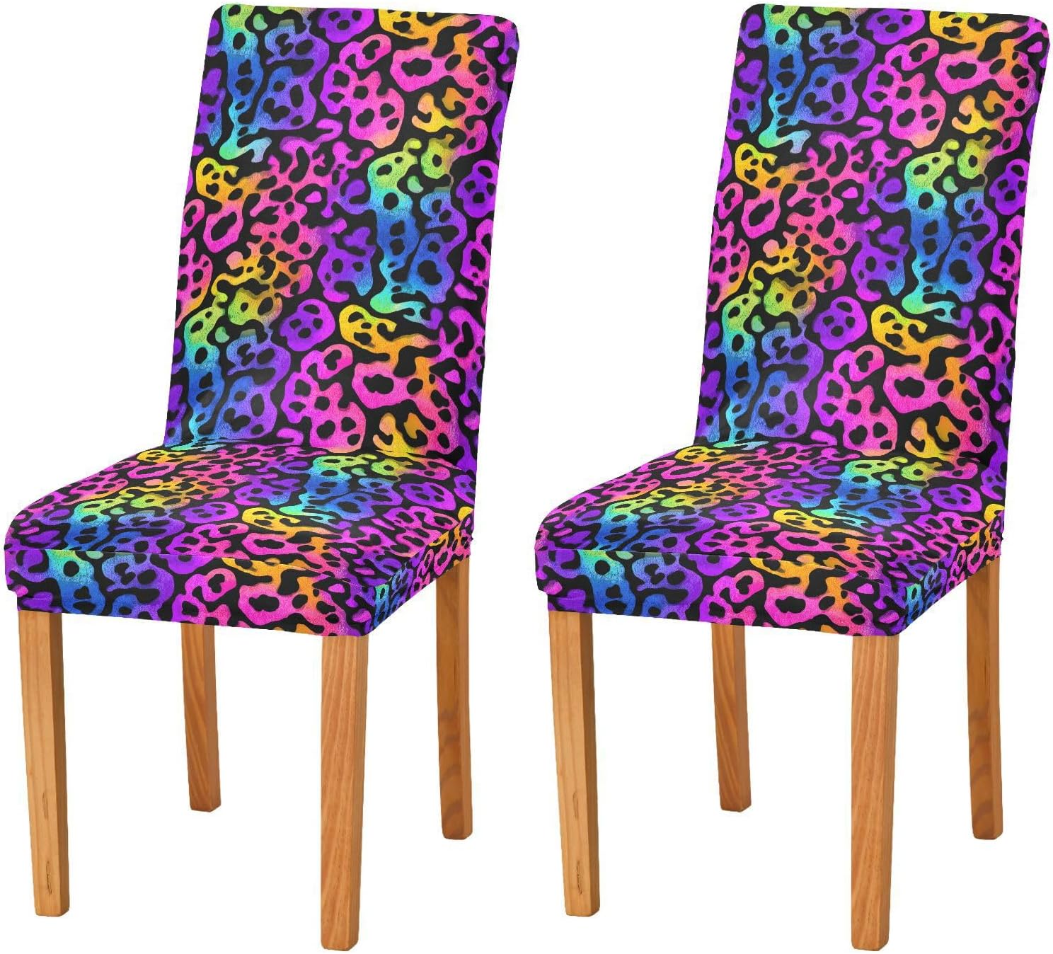 ALAZA Chair Covers for Dining Room, Animal Neon Rainbow Leopard Cheetah Print Stretch Chair Cover Sets Chair Protector Removable Washable for Ktichen Restaurant Hotel