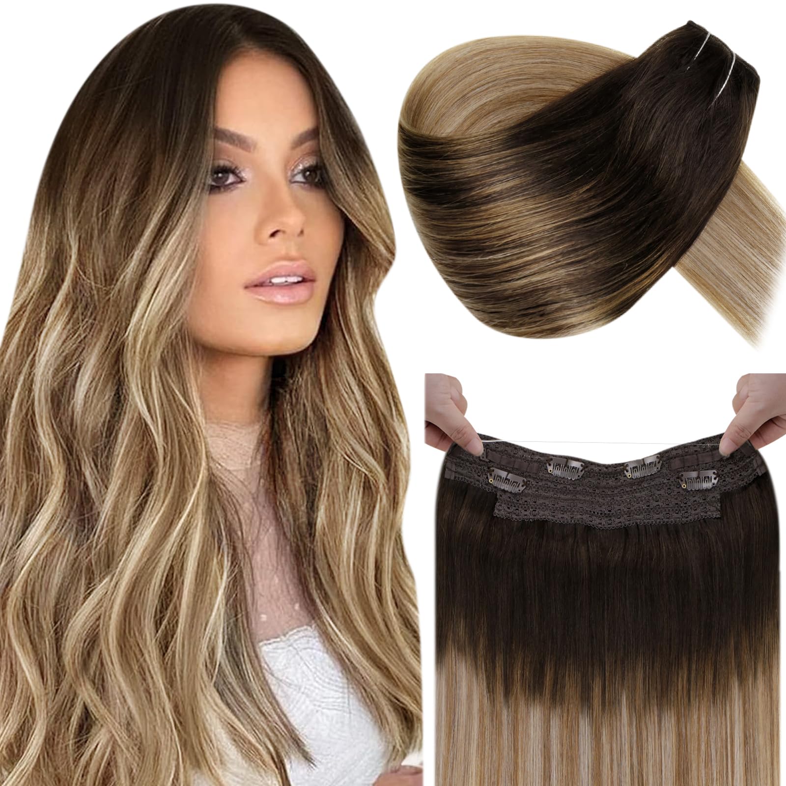 LaaVoo Human Hair Extensions Balayage Darkest Brown to Medium Brwon and Dark Blonde Real Remy Hair Invisible Wire Undetectable 100% Real Straight Hair Extensions Long-Lasting 100g 20 Inch #2/6/18