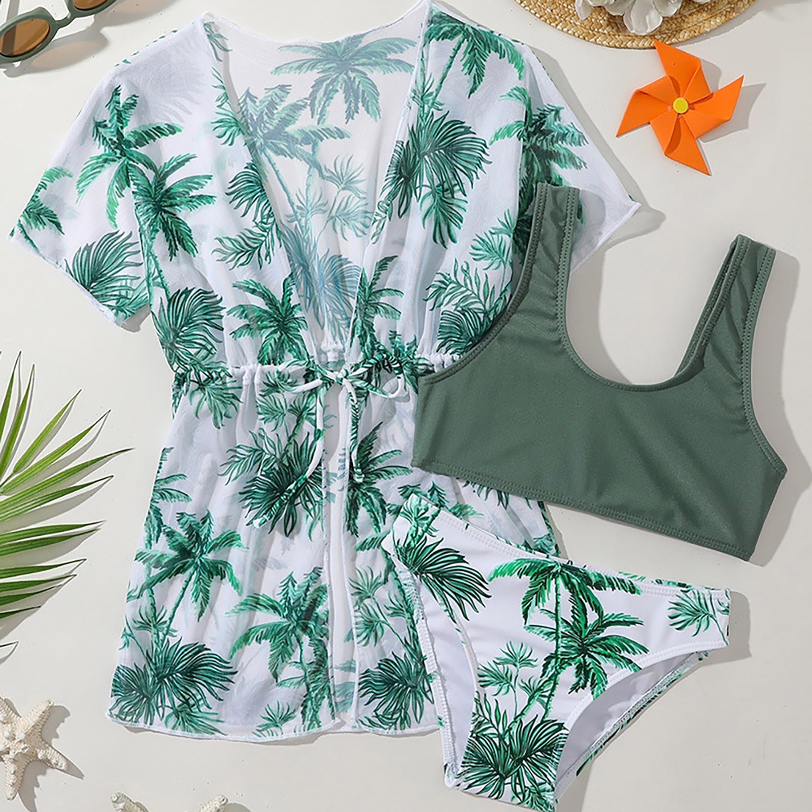 Generisch Swim Shirtgirls Traje de baño de 3 piezas para niños pequeños, bebés, hojas, estampados, bikini, bañador, braguitas, niñas, bikini, juego de ropa de playa