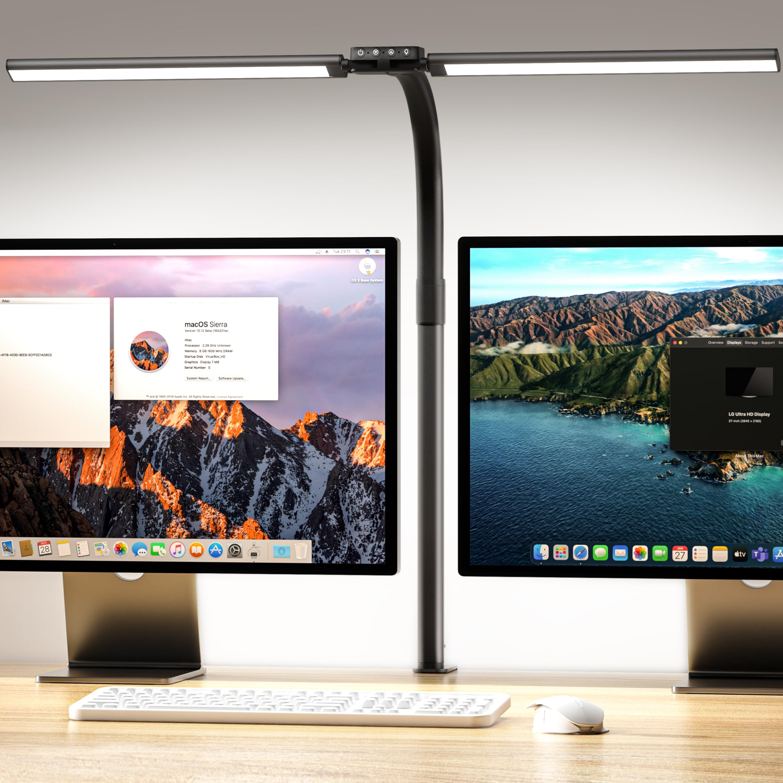 Quntis 78CM Lampara Escritorio LED de Doble Cabeza, 24W Flexo LED Escritorio Regulable con Abrazadera, 5 Temperaturas Color 5 Brillo, Protección Ocular Luz Escritorio para Oficina, Estudio, Monitor