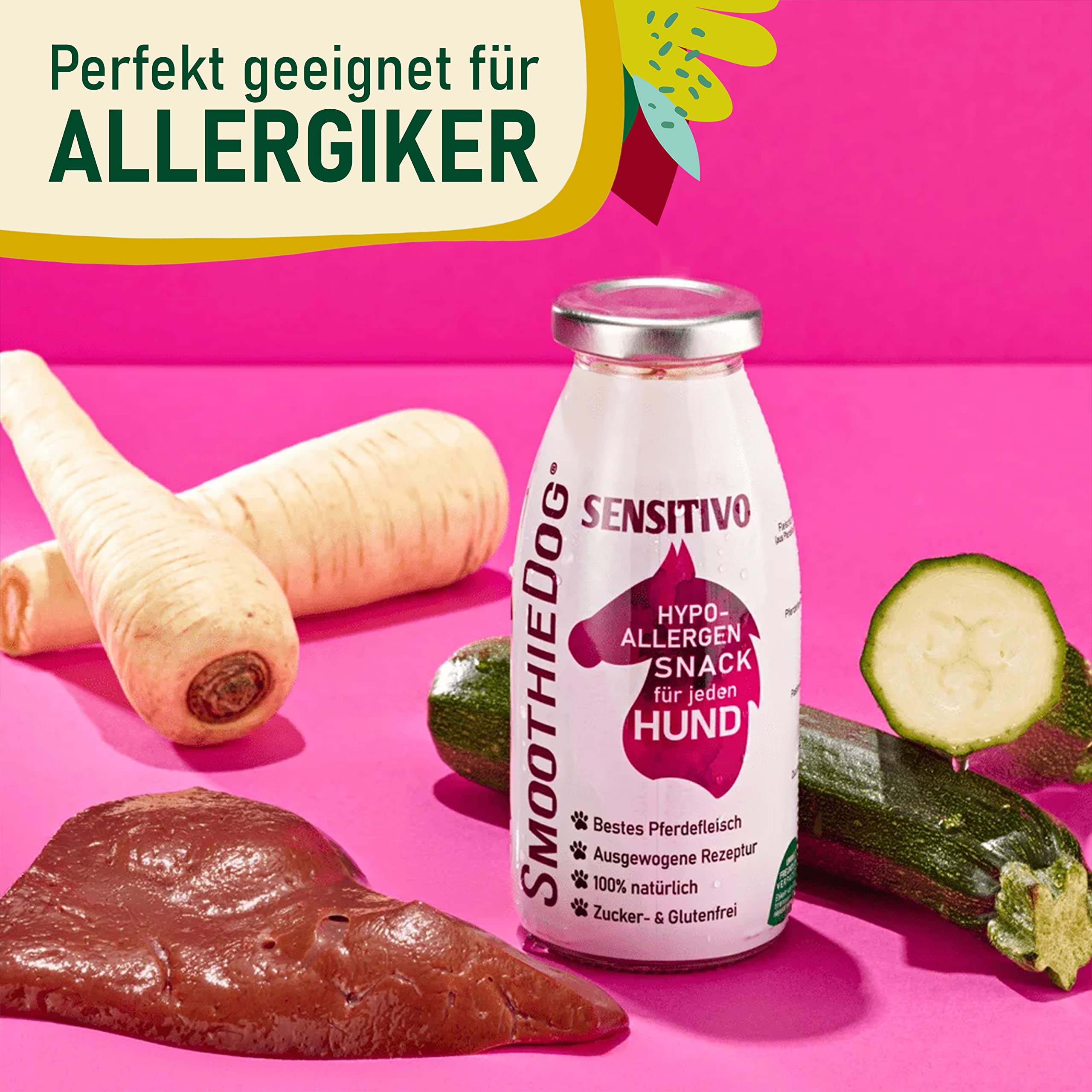 Hunde Smoothie SmoothieDog 6er Sensitivo (Pferd) - Hypoallergener Snack & Leckerli für Sensible Hunde - Zucker- & glutenfrei - je 250ml