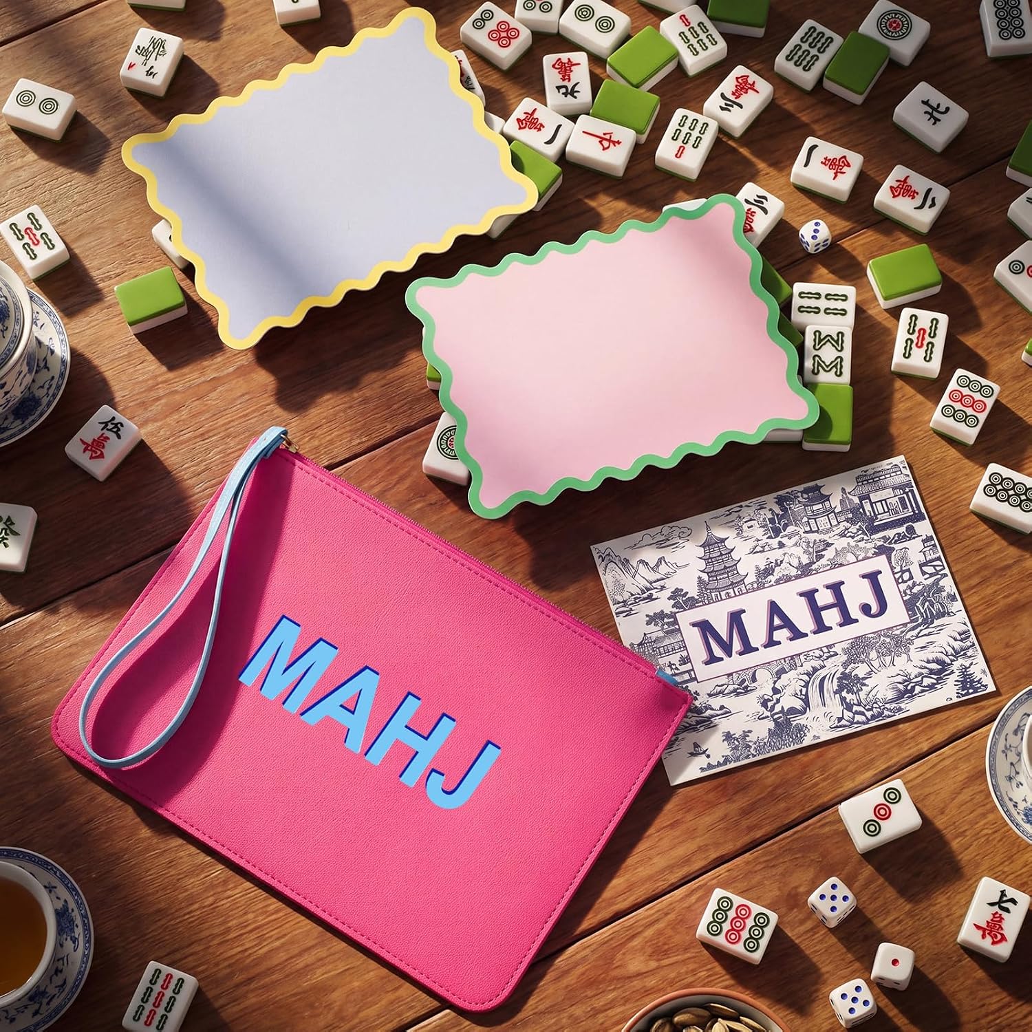 Leather Mahjong Card Clutch Bag Holder Pouch Mahjong Accessories Protector Cover Case with Zipper and Wrist Strap for MAHJ Lover Playing Game Night, 9.5 x 6.6 Inch (Hot Pink) image 4