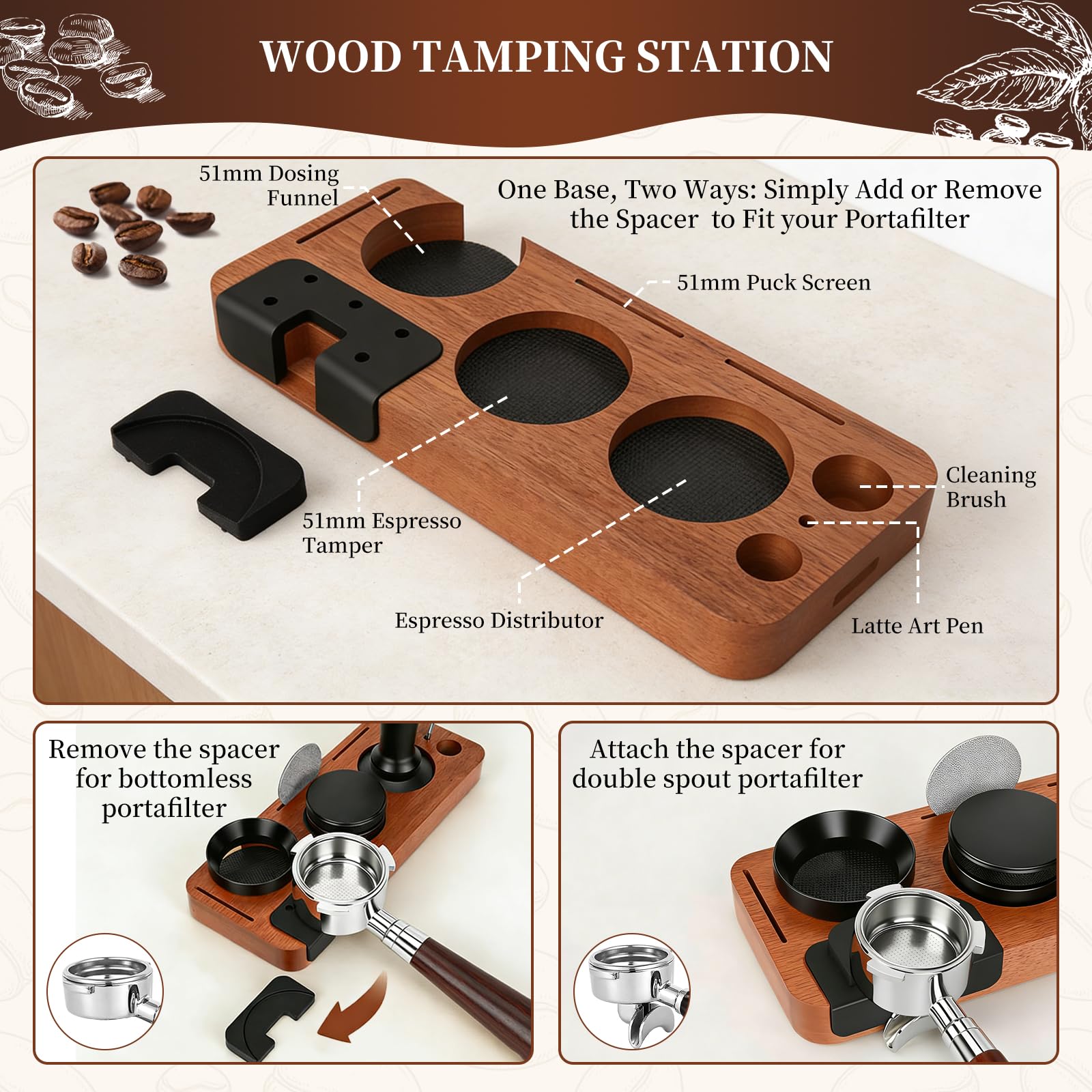 Kit Cafe Barista 51 mm, 8 Piezas Accesorios Cafetera con Tamper, Distribuidor, WDT Tool, Anillo Dosificador, Puck Screen, Tamper Station, Cepillo Limpiador y Latte Art Pen, Juego de Prensador de Cafe