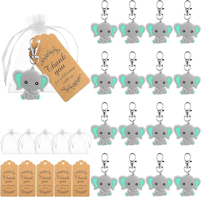 AUXSOUL 30 Pcs Guest Elephant Keychains Elephant Theme Party Favors Pendant Kraft Tags Transparent Bags for Kids Toy Birthday Supplies