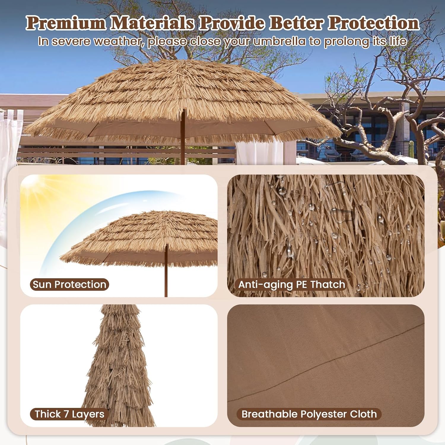 Nightcore 8 FT Tiki Umbrella, Hawaiian Style Thatched Beach Umbrella With 8 Ribs, Tilt Adjustment, Portable Outdoor Patio Umbrella For Poolside, Garden, Backyard, Natural
