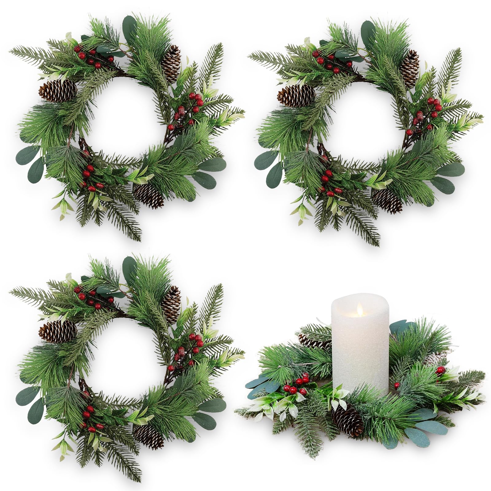 4 PCS Christmas Candle Rings Wreaths Small Christmas Norfolk Pine Wreaths with Berries Pinecone Mini Snowy Pine Wreath Cedar Candle Ring Holder for Table Centerpiece Cabinets Fireplace Windows Door