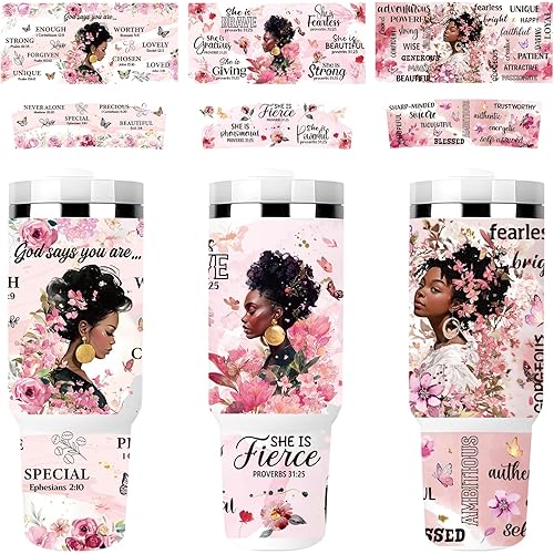 Rngmsi UV DTF Cup Wrap - 3 Set Black Women UV DTF Cup Wrap for 40 oz Tumbler, African American Black Girl Inspirational Uvdtf Decals for Girls Women, Waterproof Rub on Transfer Stickers, DIY Crafts