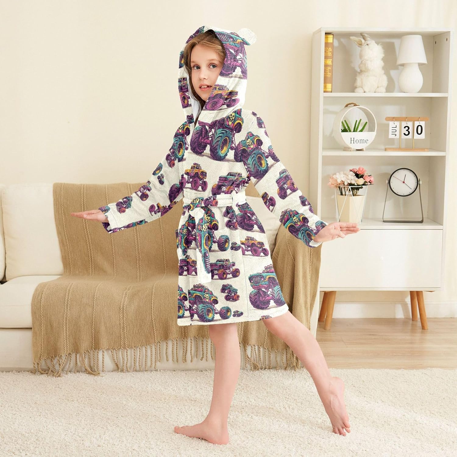 Monster Trucks Cars Bathrobe Hooded PJ Robe Plush Fleece Robe Pajama Sleepwear 2-12 Years