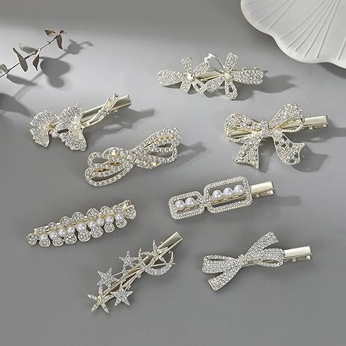 Miniatura 4 de KAGNAL Pinzas para el cabello, 8 pinzas para el cabello con diamantes de imitación para mujer, pinzas de cocodrilo brillantes para cabello fino,