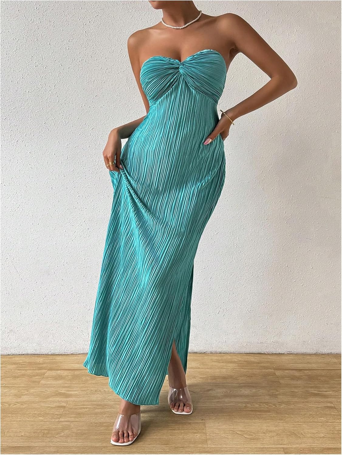 SOLY HUX Women's Twist Front Strapless Tube Dress Tie Backless High Split Vacation Maxi Dresses - Image 4