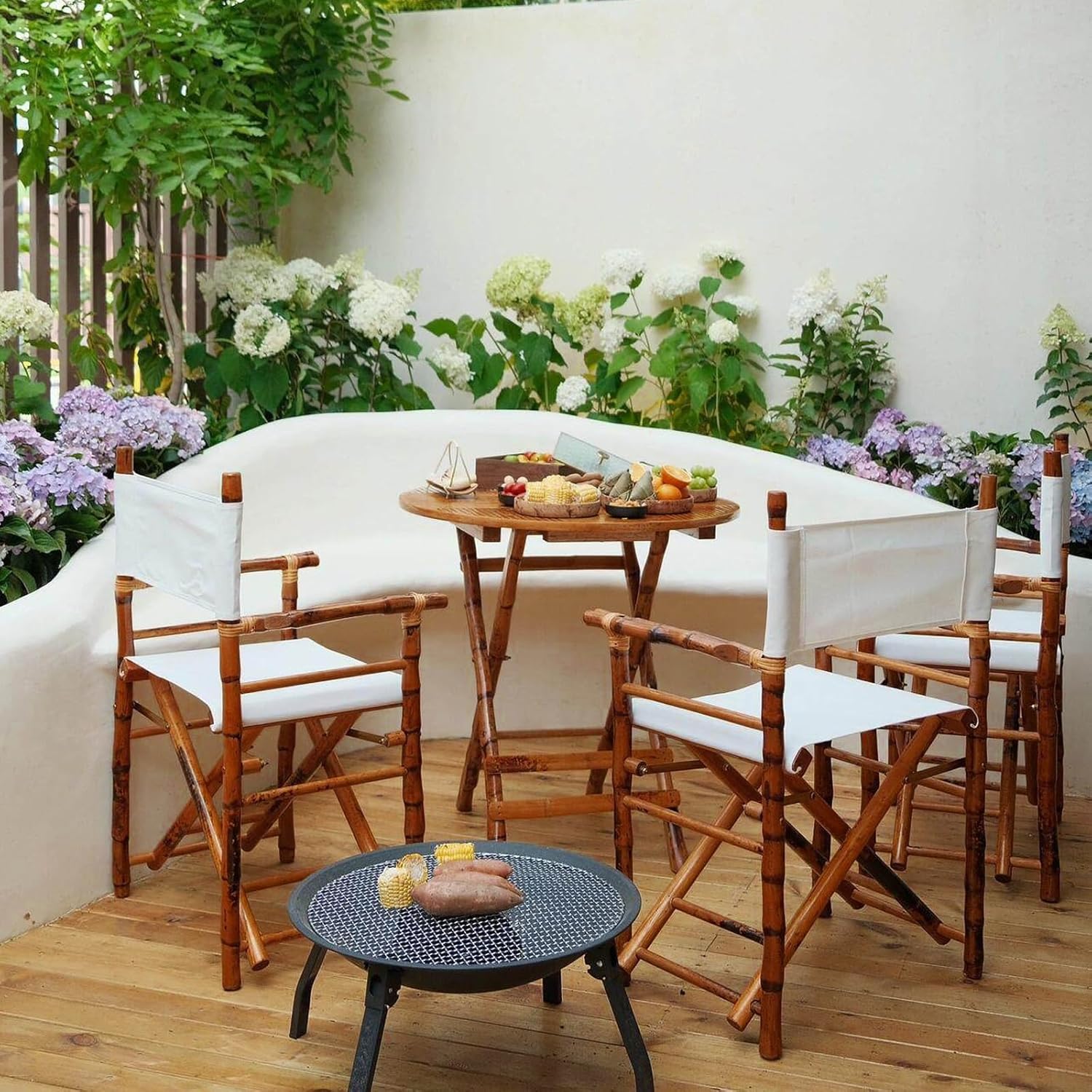 Set of 2 Bamboo Folding Directors Chairs, Detachable Portable Dining Lawn Chairs for Indoor Outdoor, Camping, Picnic, Beach & Sports Events