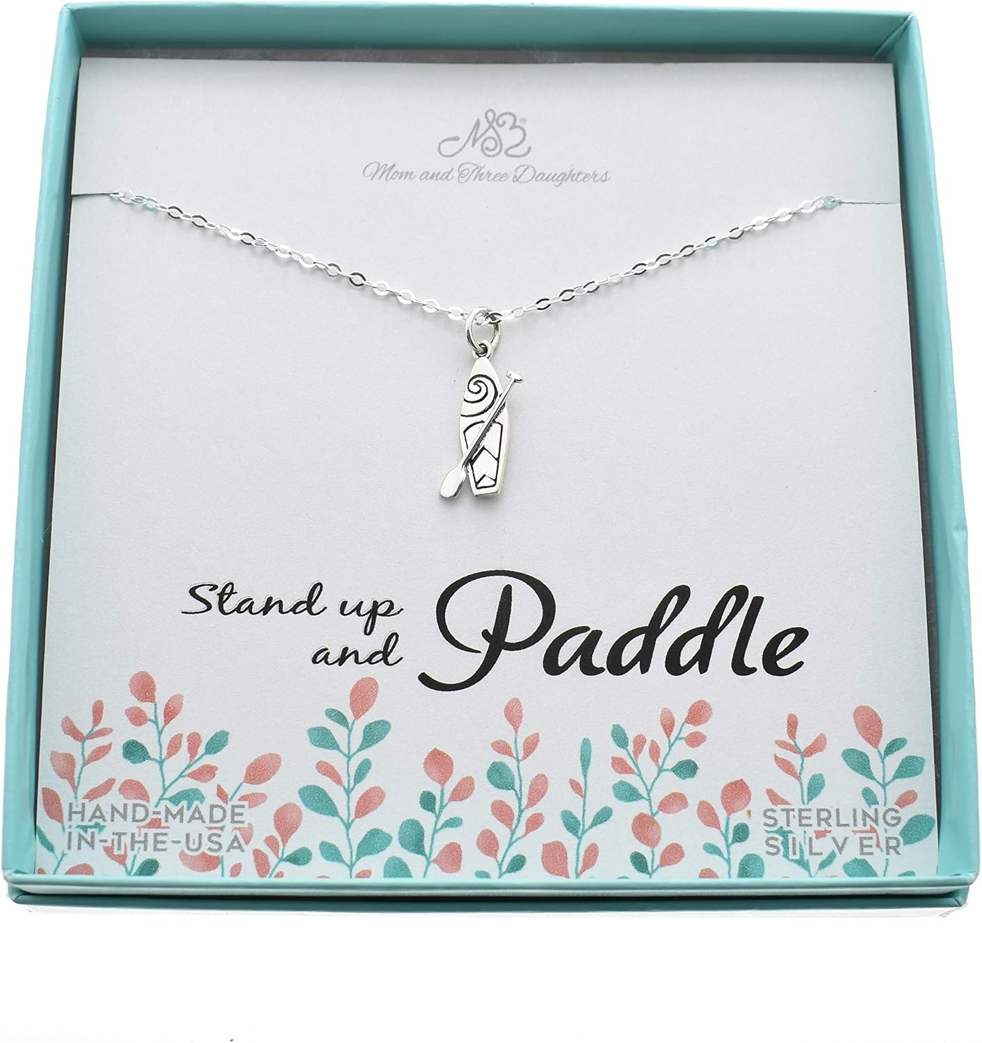 MOM & THREE DAUGHTERS Stand Up Paddleboarding Charm Necklace | Sterling Silver | 18" Chain | Water Sports Jewelry | SUP Gift