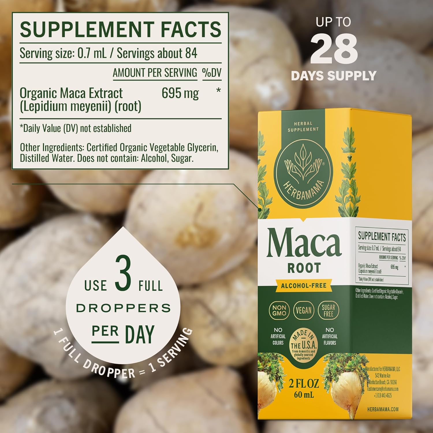 HERBAMAMA Maca Root Liquid Drops - Vegan Maca Root Extract for Women & Men Support - Non-GMO, Alcohol & Sugar-Free Liquid Supplement Tincture, 28-Day Supply - Image 3