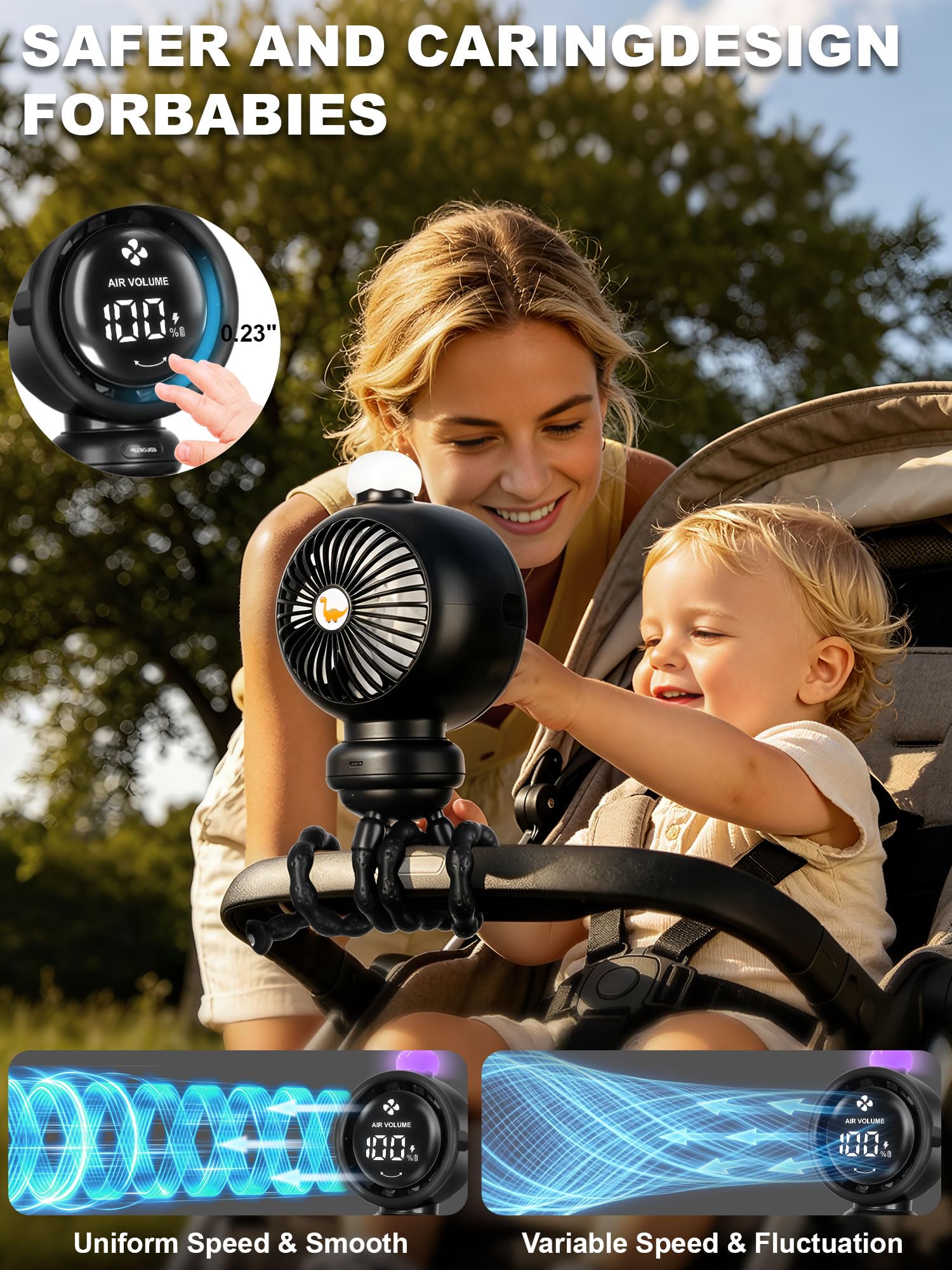 Ventilador portátil para cochecito de bebé, ventilador de trípode flexible con clip, luz nocturna de 3 LED, velocidad continua con pantalla, batería de larga duración, ventiladores de refrigeración de