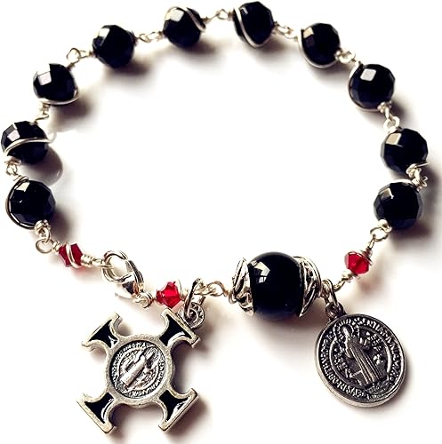 Miniatura 2 de elegantmedical Pulsera hecha a mano con cuentas de oración de ágata negra, rosario, cruz, católica, Metal