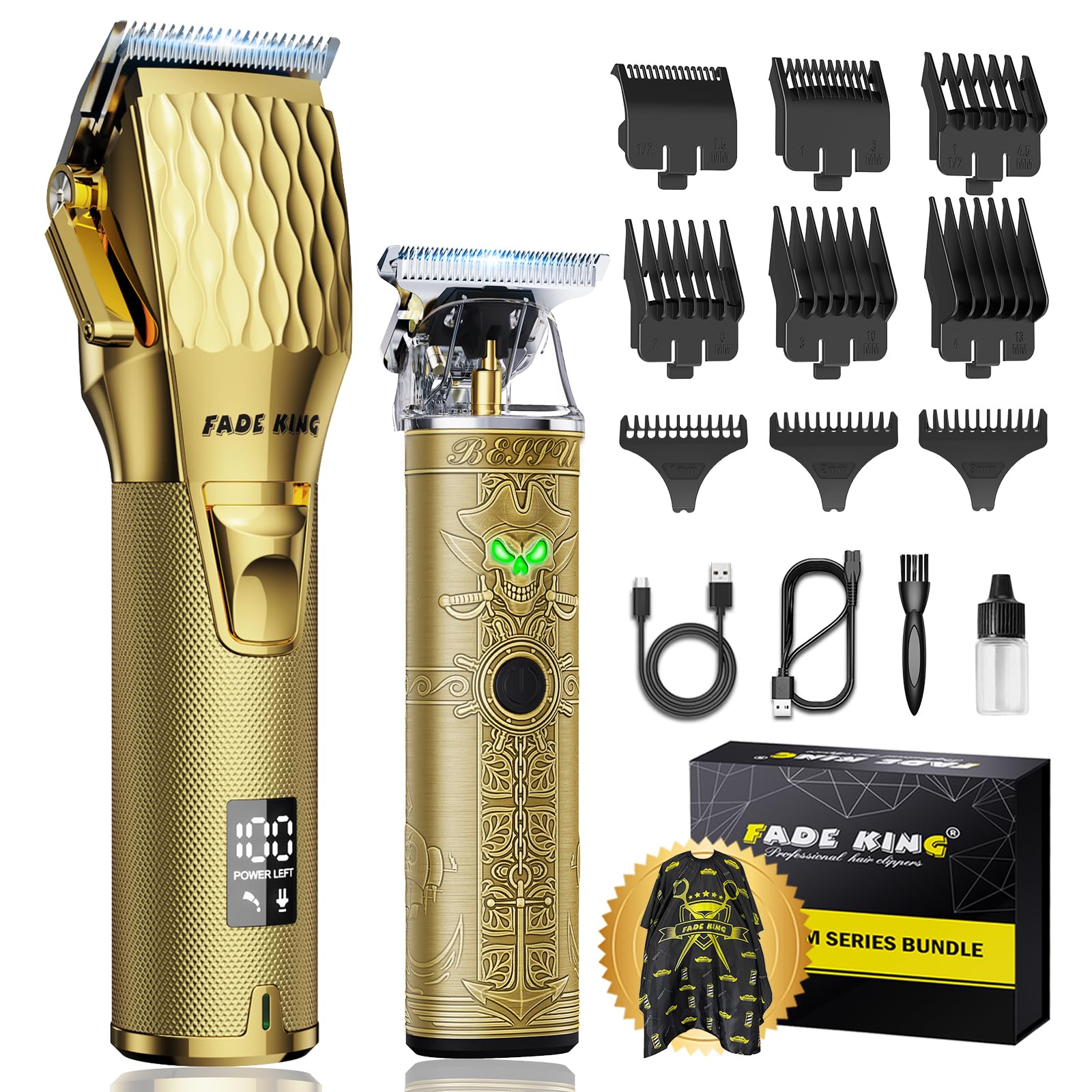 FADEKING Tondeuse à Cheveux Professionnelle pour Homme, Tondeuse à Cheveux Sans Fil avec Écran LCD pour la Coupe et le Toilettage pour Hommes, avec Étui de Voyage (Or + Bronze)