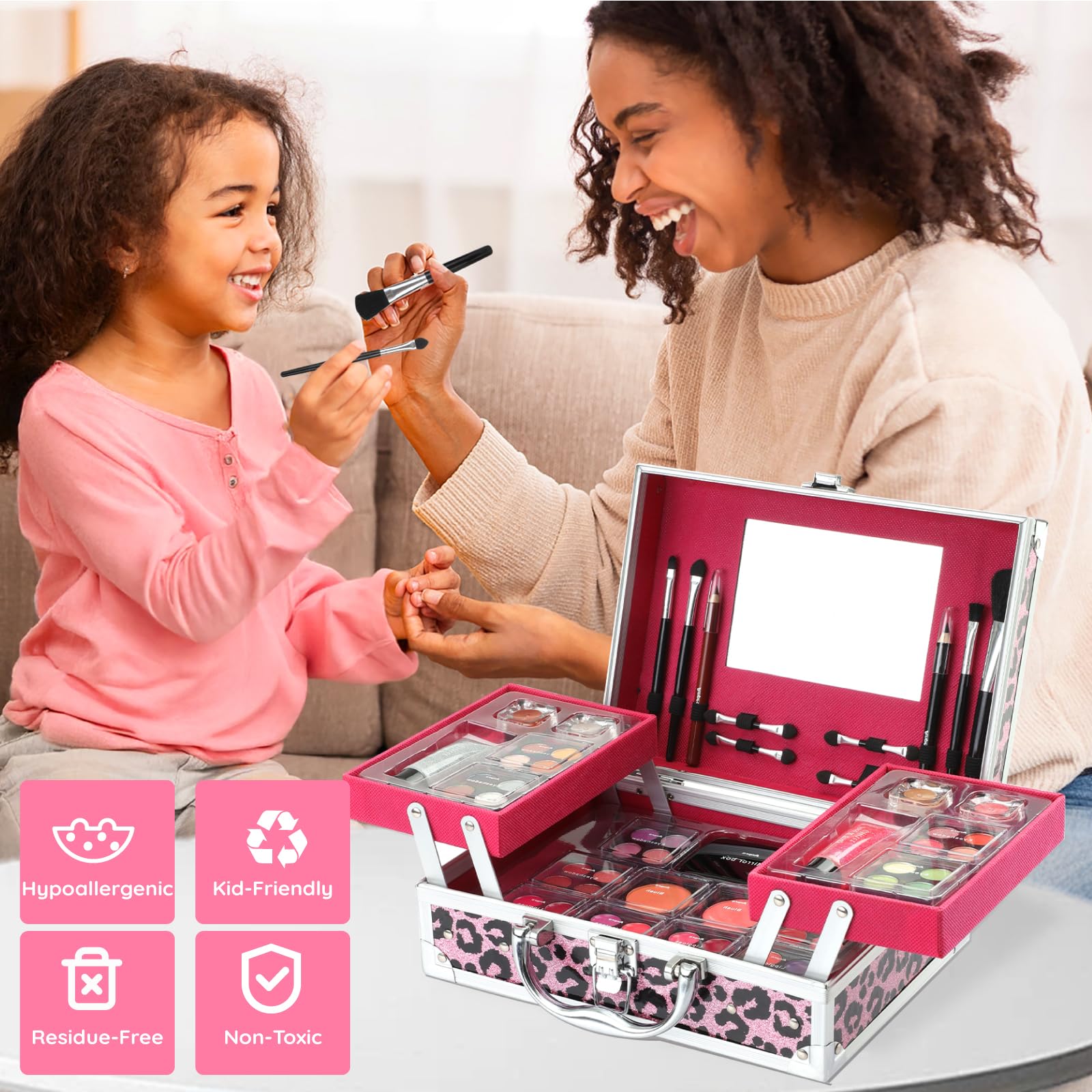 Anpro Estuche de Maquillaje Todo en Uno con Diseño Leopardo, Incluye Set de Maquillaje Profesional para Adolescentes, Pinceles, Paleta de Sombras, Regalo Ideal para Niñas - Rosa Leopardo