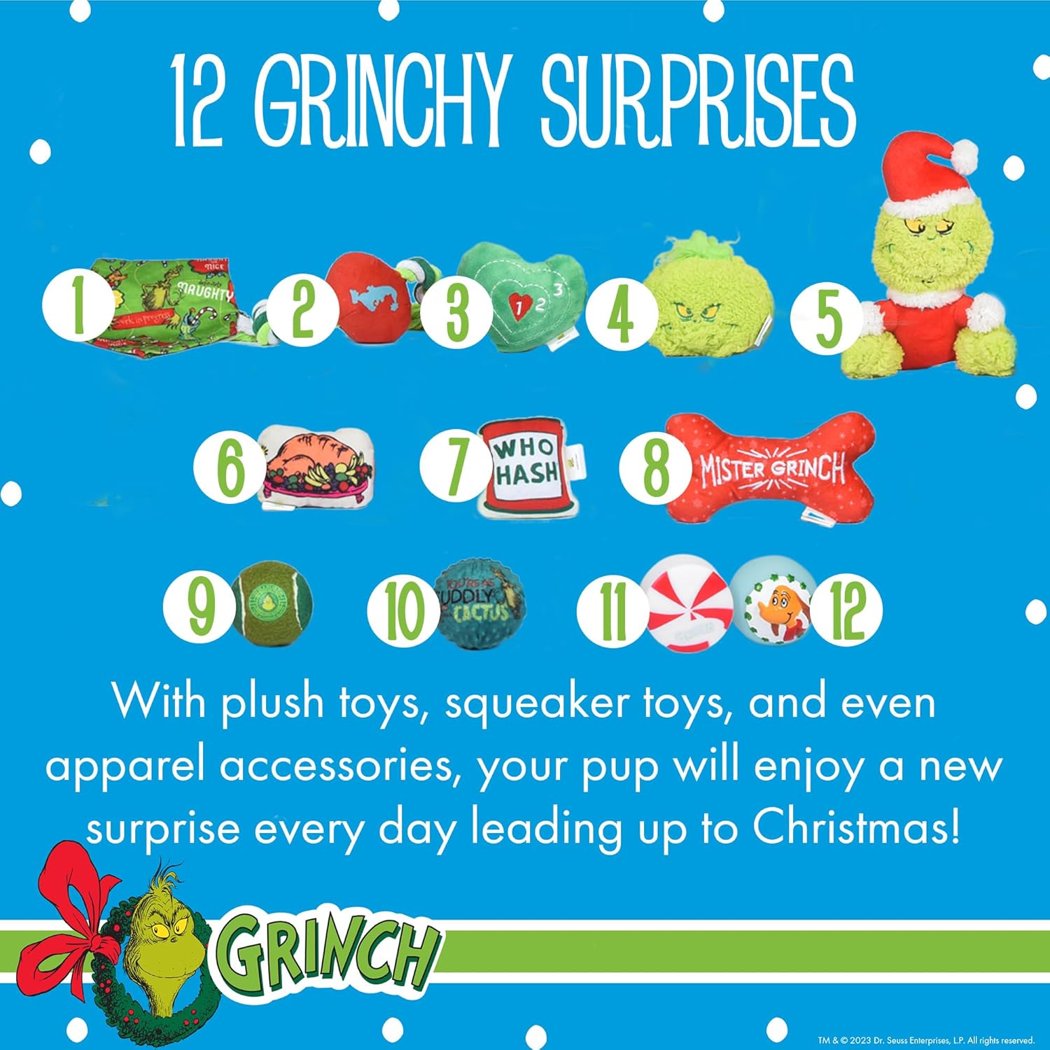 Dr. Seuss for Pets How the Grinch Stole Christmas Dog Advent Calendar with 12 Surprise Toys and Accessories, Dog Stocking Stuffers, Dog Christmas Gifts, Christmas Gifts for Dogs