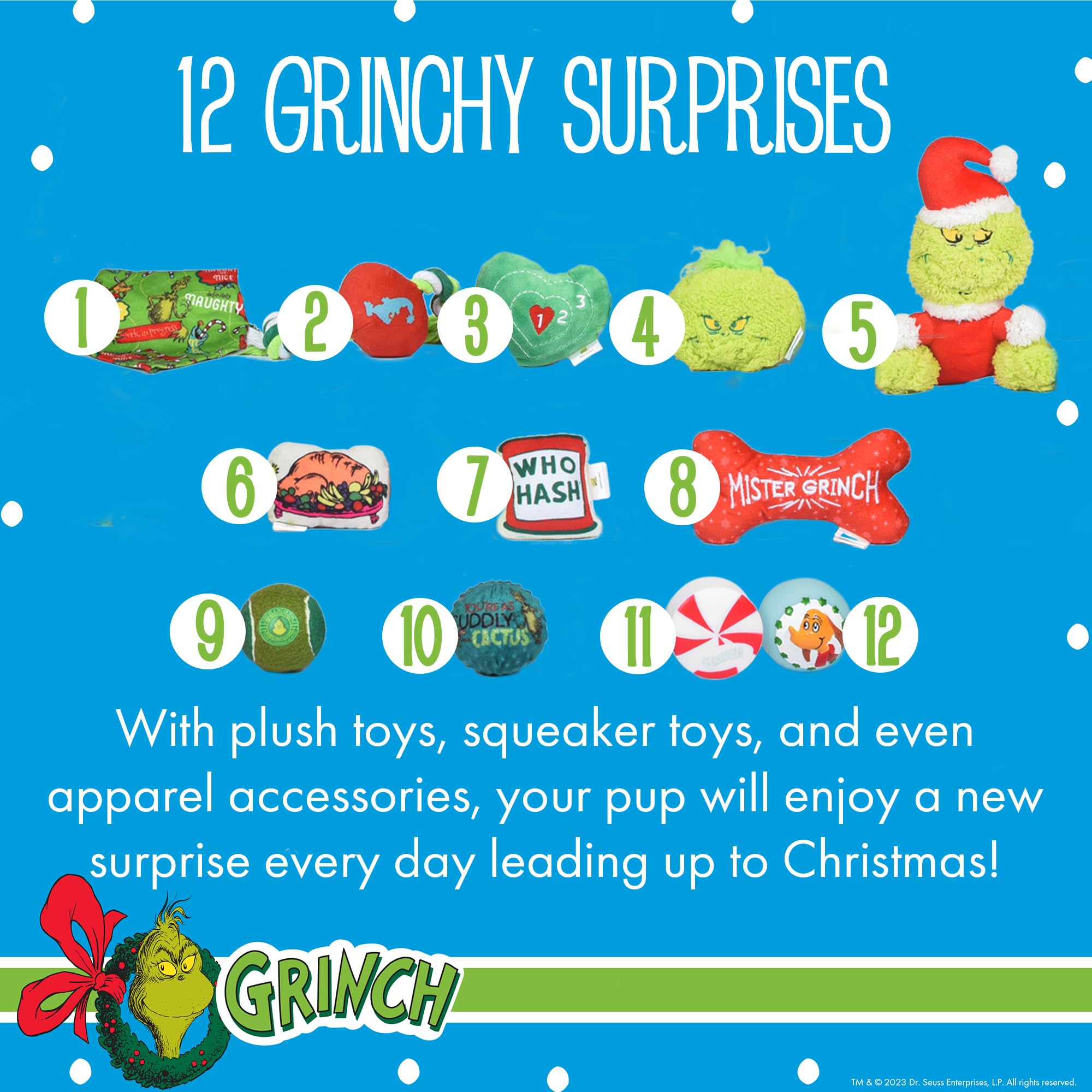 Dr. Seuss 'For Pets How the Grinch Stole Świąteczny kalendarz adwentowy dla psa z 12 zabawkami i akcesoriami niespodzianek; wypchacze do pończoch, prezenty świąteczne dla psów, prezenty świąteczne dla