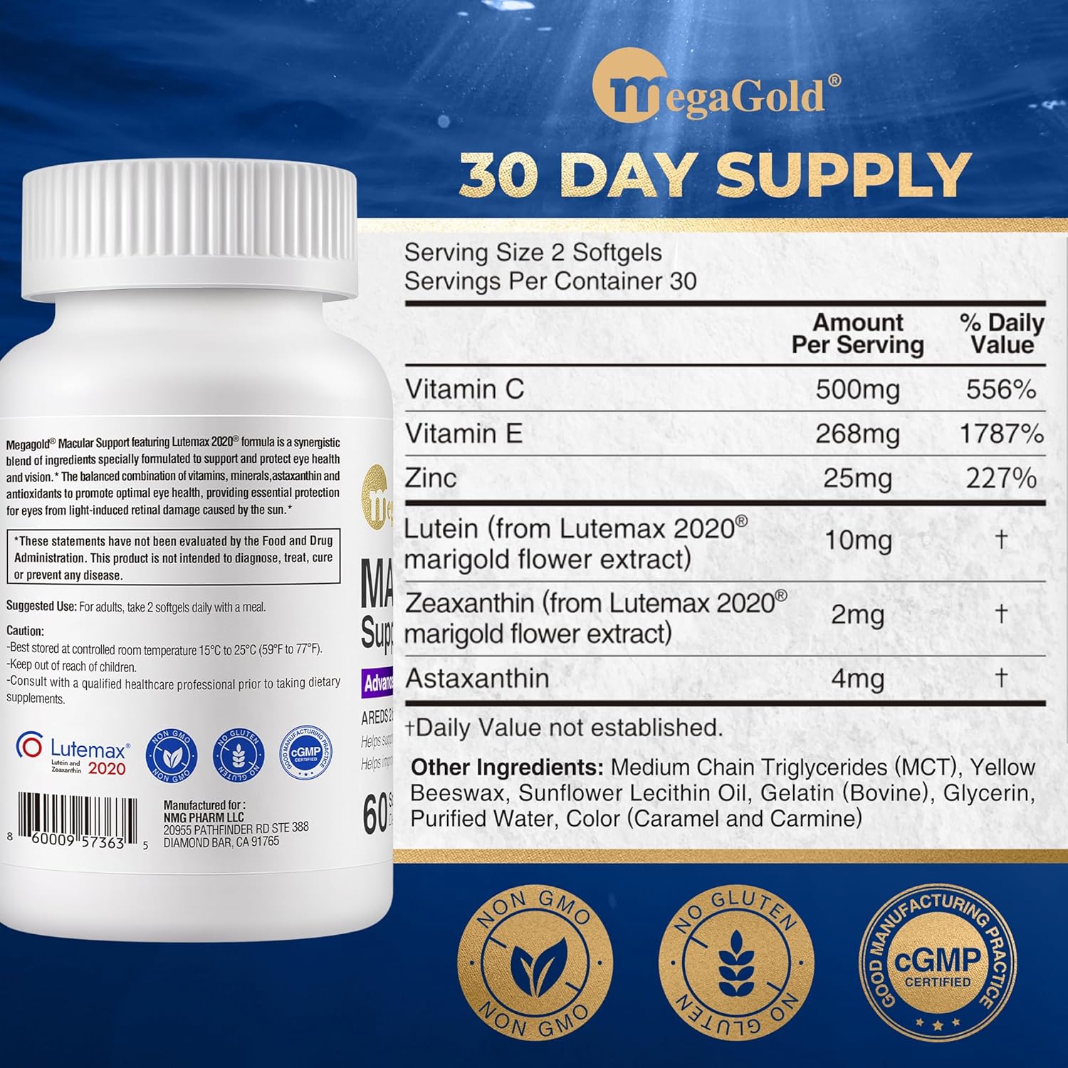 Macular Support Advanced Formula - Eye Supplements for Vision & Macular Health*, Contains Lutein & Zeaxanthin, Vitamins C & E, Zinc, and Astaxanthin, for Seniors & Adults - 60 Count Softgels