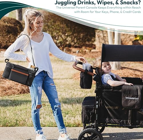 Miniatura 2 de WONDERFOLD Organizador de cochecito de consola para padres con portavasos aislados, cierre de gancho y lazo, 2 bolsillos de almacenamiento y correa