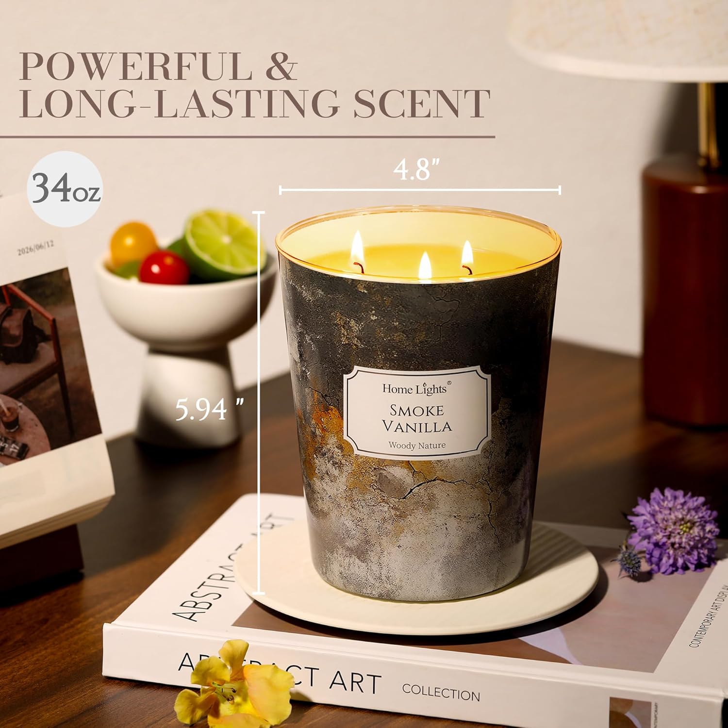 HomeLights Scented Candles | Large Jar 34 Oz Natural Soy Candle | 130 hrs Long-Lasting with 3 Wicks | Industrial Chic Home Decor | Gifts for Mom & Women, Smoke Vanilla - Image 2