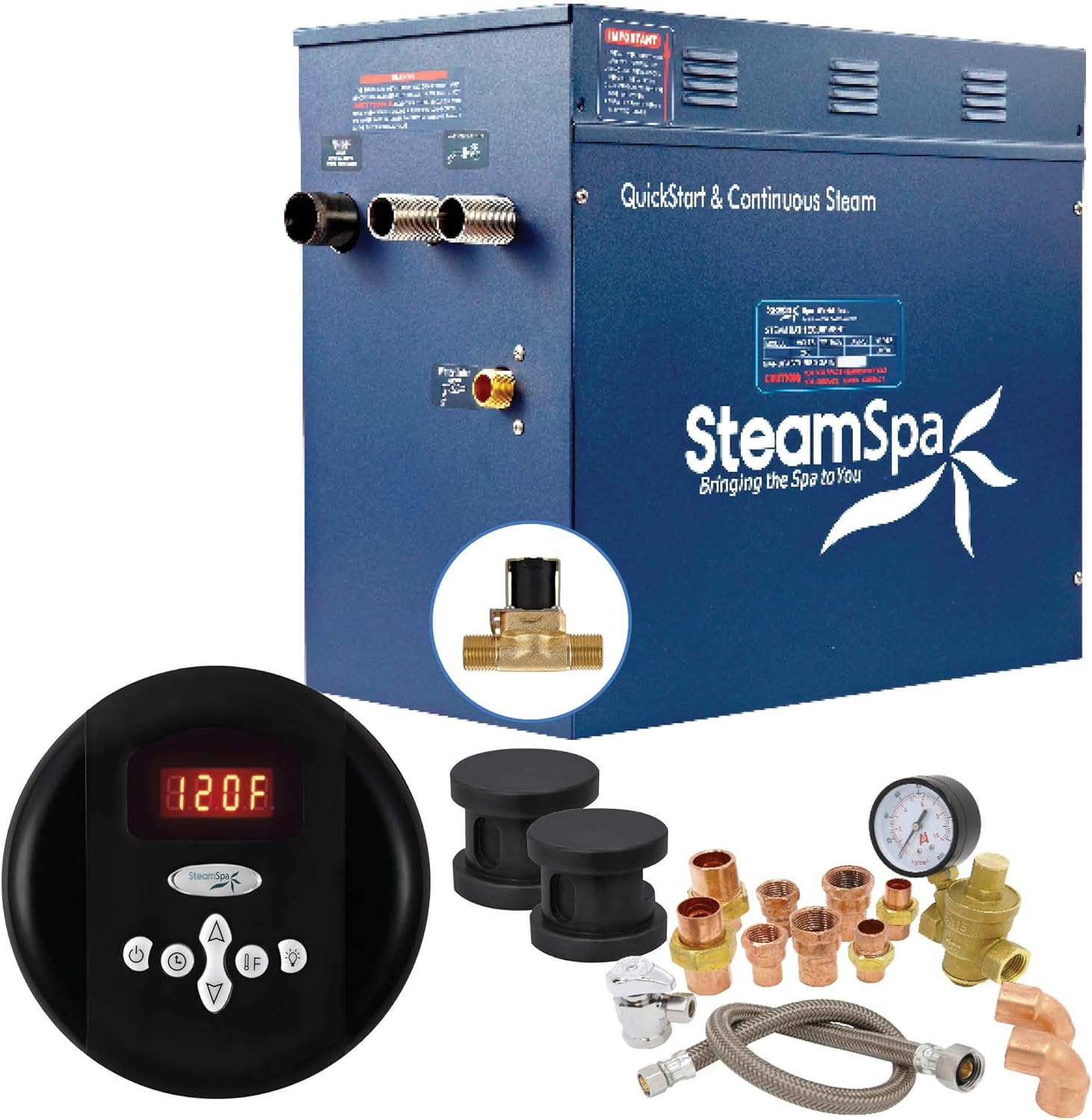 10.5kW Steam Sauna Generator Premium Bundle 240V Steam Generator with Analog Pad Control, Steamheads, Pressure Relief Valve, Built-in Auto Drain and Plumber Quick Install Kit PRR1050BK-A