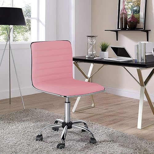 Miniatura 2 de Yaheetech Sillas de oficina ejecutivas de piel sintética acanaladas sin brazos con ruedas, sillas giratorias ajustables con respaldo bajo, color rosa
