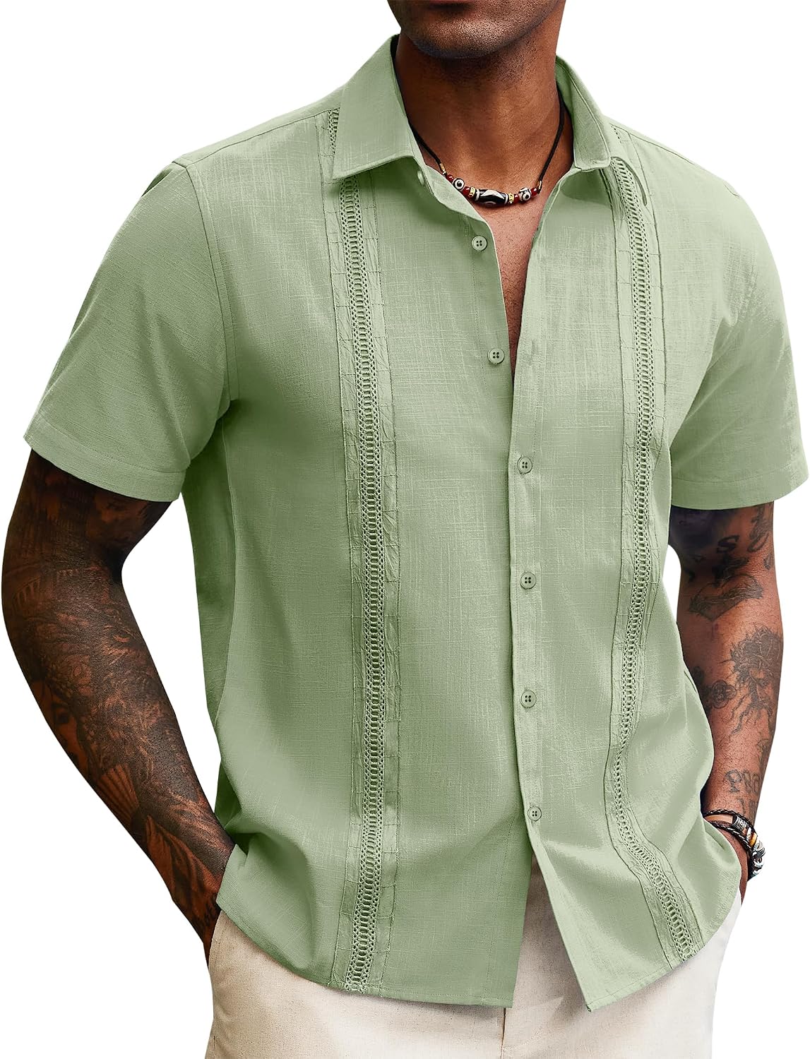 Lion Nardo Guayabera Linen Shirts for Men Short Sleeve Button Down Shirt Hawaiian Shirt Cuban Summer Shirts Beach Shirts