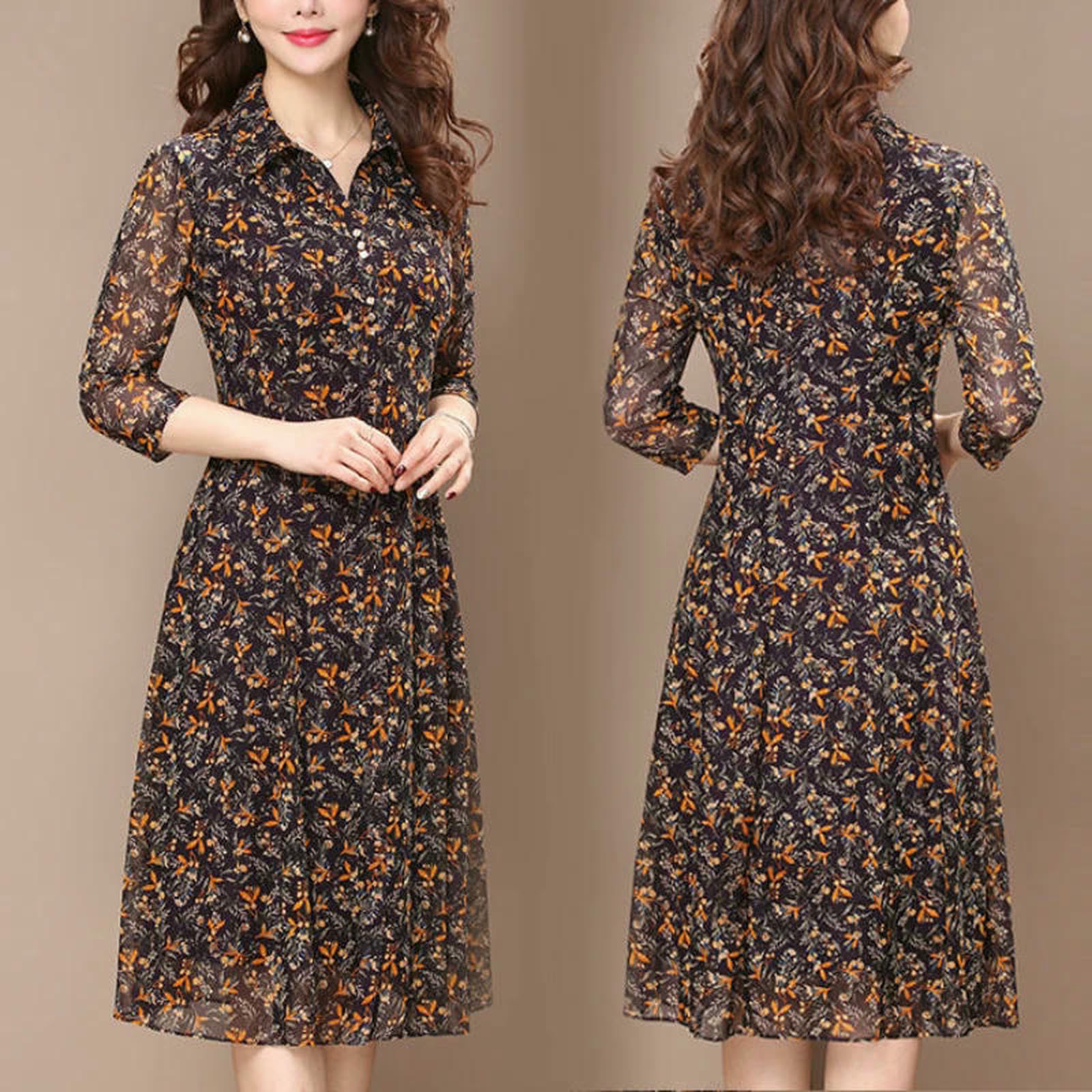 Vestiti a Maniche Lunghe Abito Floreale da Donna, Elegante Midi Collare Chiusura, Abbottonato Slim Casual Estivo, Abita di Tutti I Giorni, Moda Femminile-Manica Corta-l