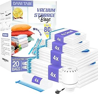 20 Pack Vacuum Storage Bags with Electric Pump (4 Jumbo/4 Large/4 Medium/4 Small/4 Roll-Up) Reusable & Waterproof Vacuum Bags for Clothes
