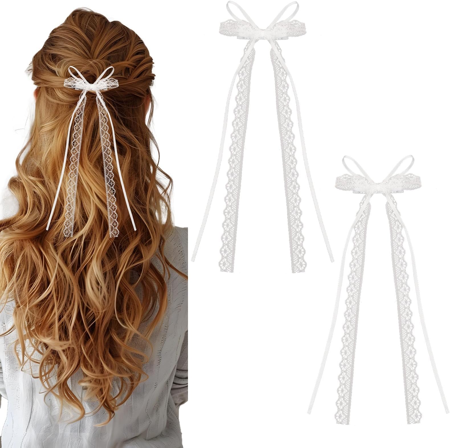 2 Pack White Hair Bow With Long Tail - Elegant Bridal Ribbons, Cute Tulle Bowknots Tassel Accessory for Women, Girls, Baby, Toddlers, Teens, Kids