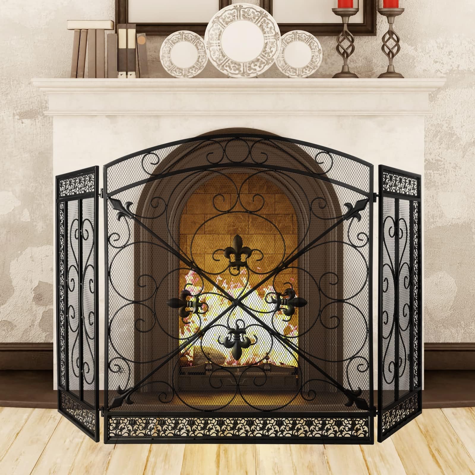 Mr IRONSTONE 3-Panel Fireplace Screen 51.5"W X 32.5"H - Foldable Wrought Iron Spark Guard, Black