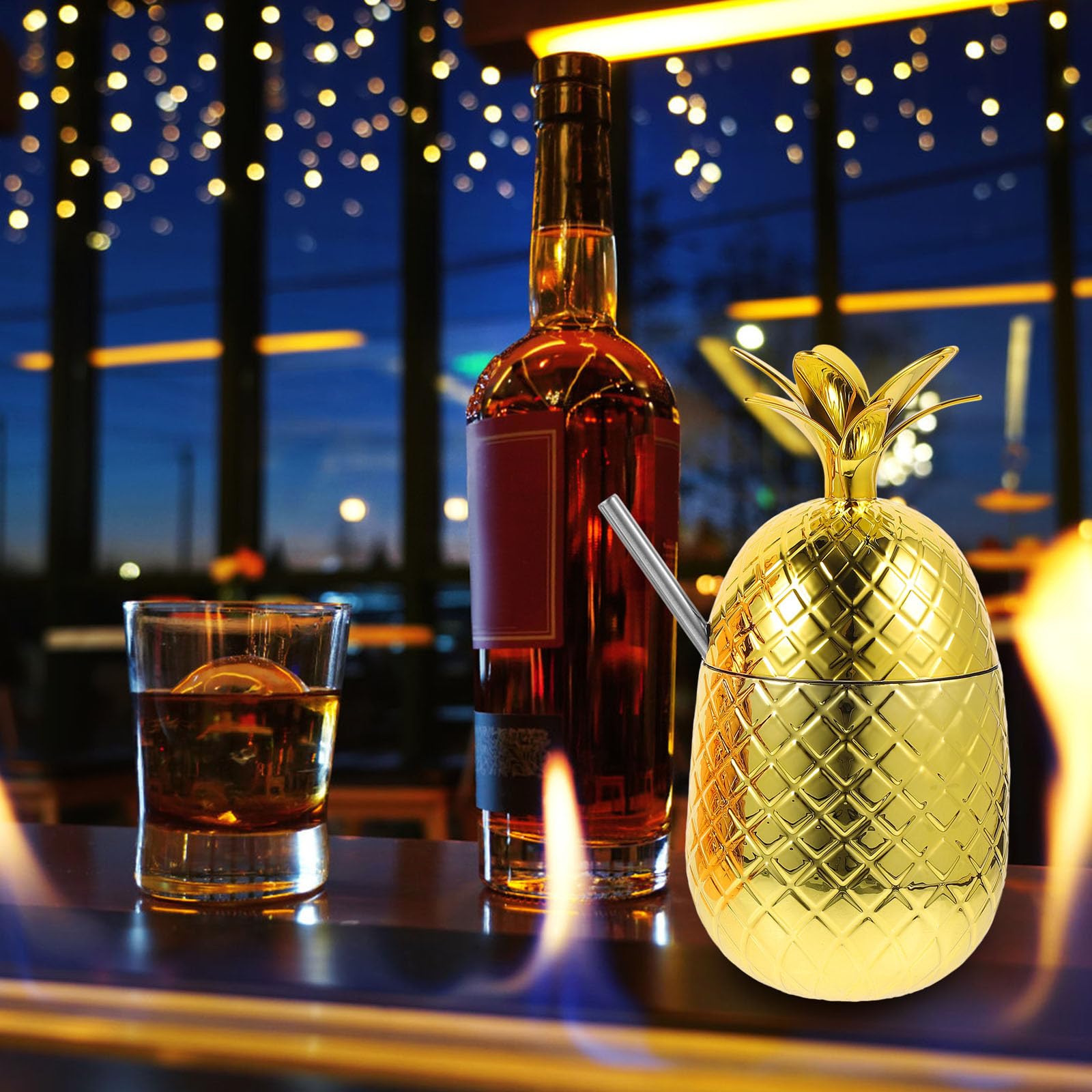 Healvian Gobelet ananas avec paille 450 ml Verre à cocktail tropical en acier inoxydable pour fête de plage Bar et maison 450 ml Gobelet créatif pour boissons froides