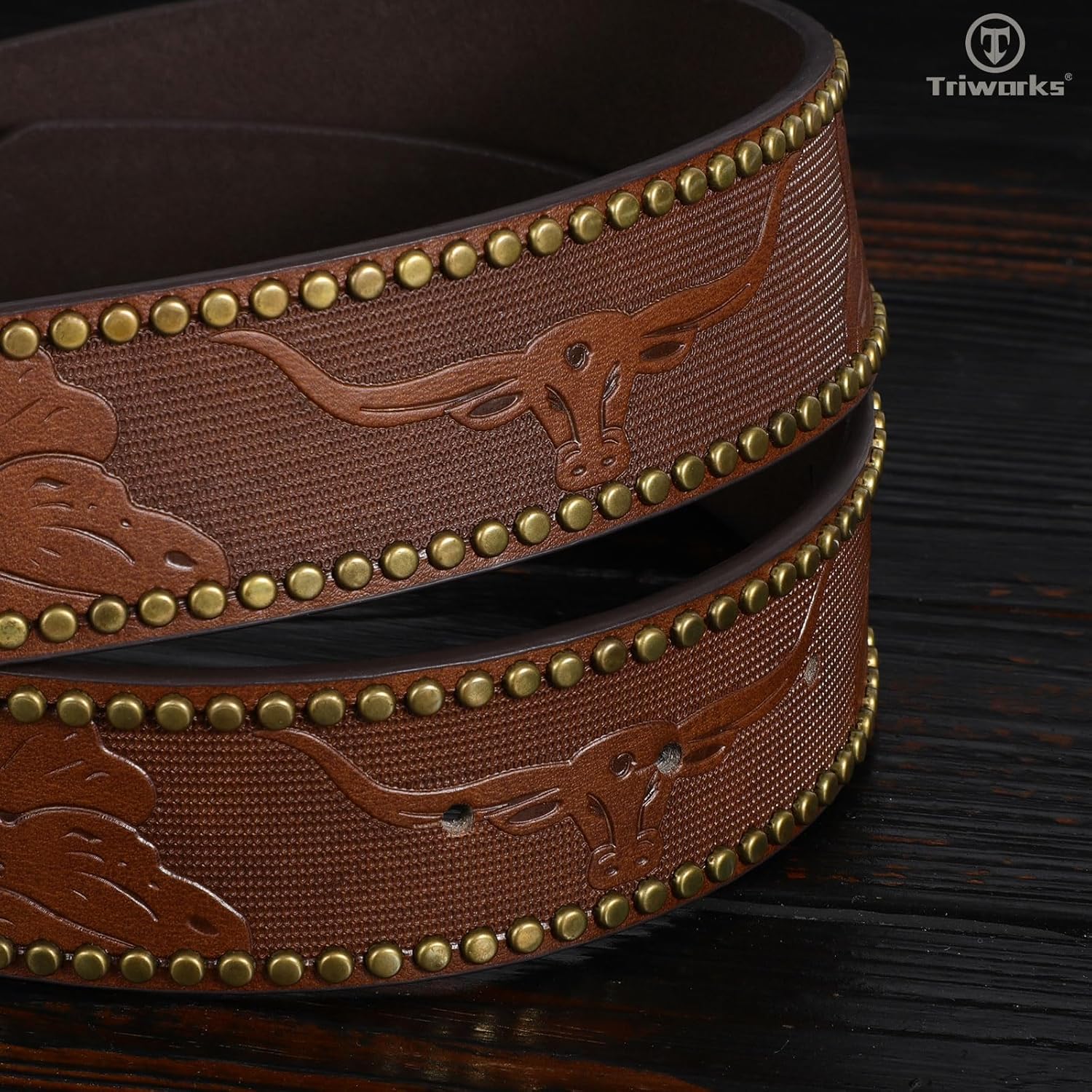 TRIWORKS Leather Belt with Western Buckle - Engraved and Embossed Design for Men and Women - Image 3