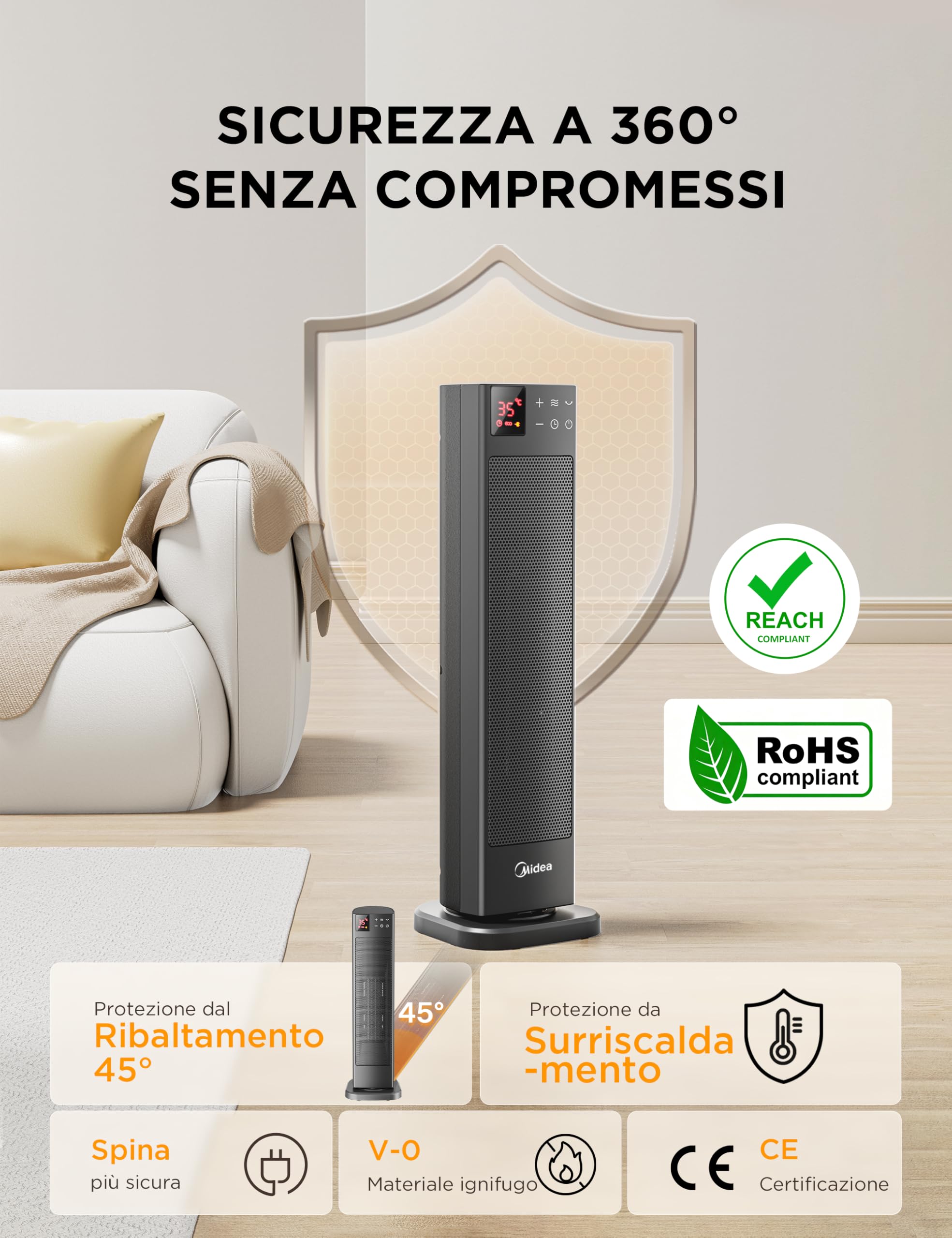 Midea NTH20-22ERSE Stufa Elettrica in Ceramica 2000W con Termostato e Telecomando, 58 cm, 3 Modalità Timer 24H, Protezione Surriscaldamento e Ribaltamento, Riscaldamento Rapido per Ufficio Camera Casa