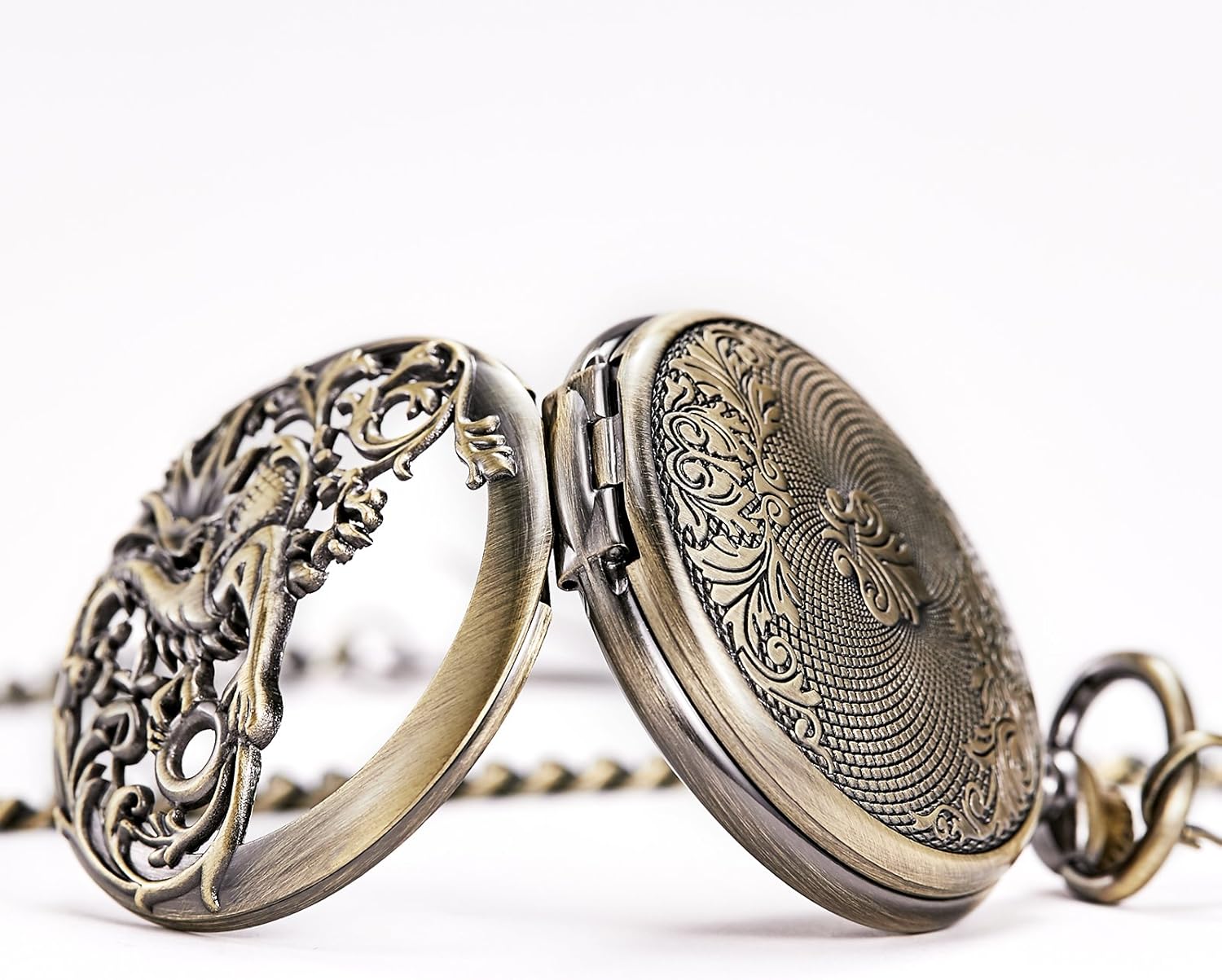 TREEWETO Mechanical Pocket Watch - Dream Dragon Skeleton Half Hunter Double Open Silver Case