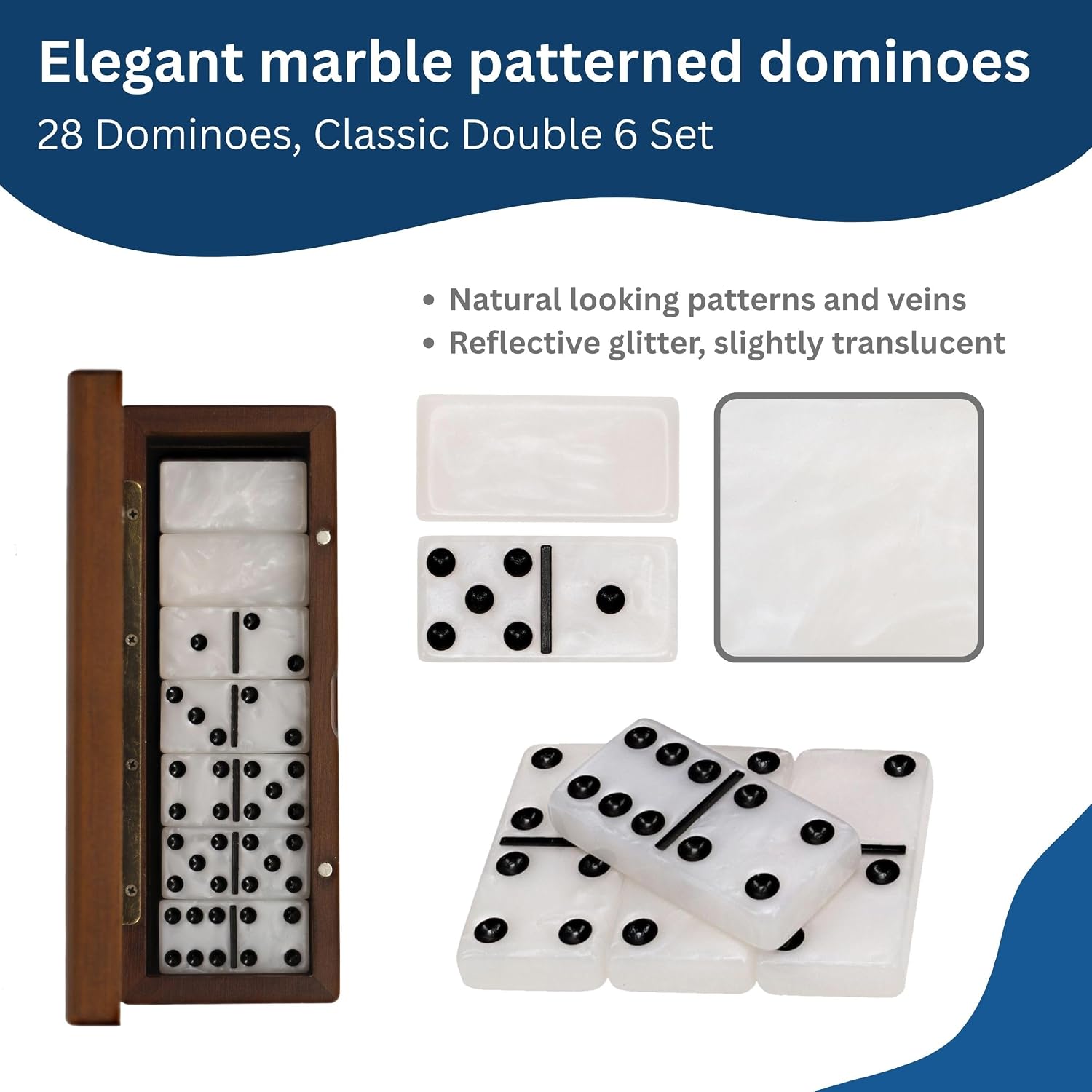 WE Games Custom Double 6 Marbleized Dominoes in Magnetic Wooden Travel Box, Laser Engraved Wooden Domino Box, Color Printed Double Six Domino with Marble Pattern, Classic Board Games, Tile Games