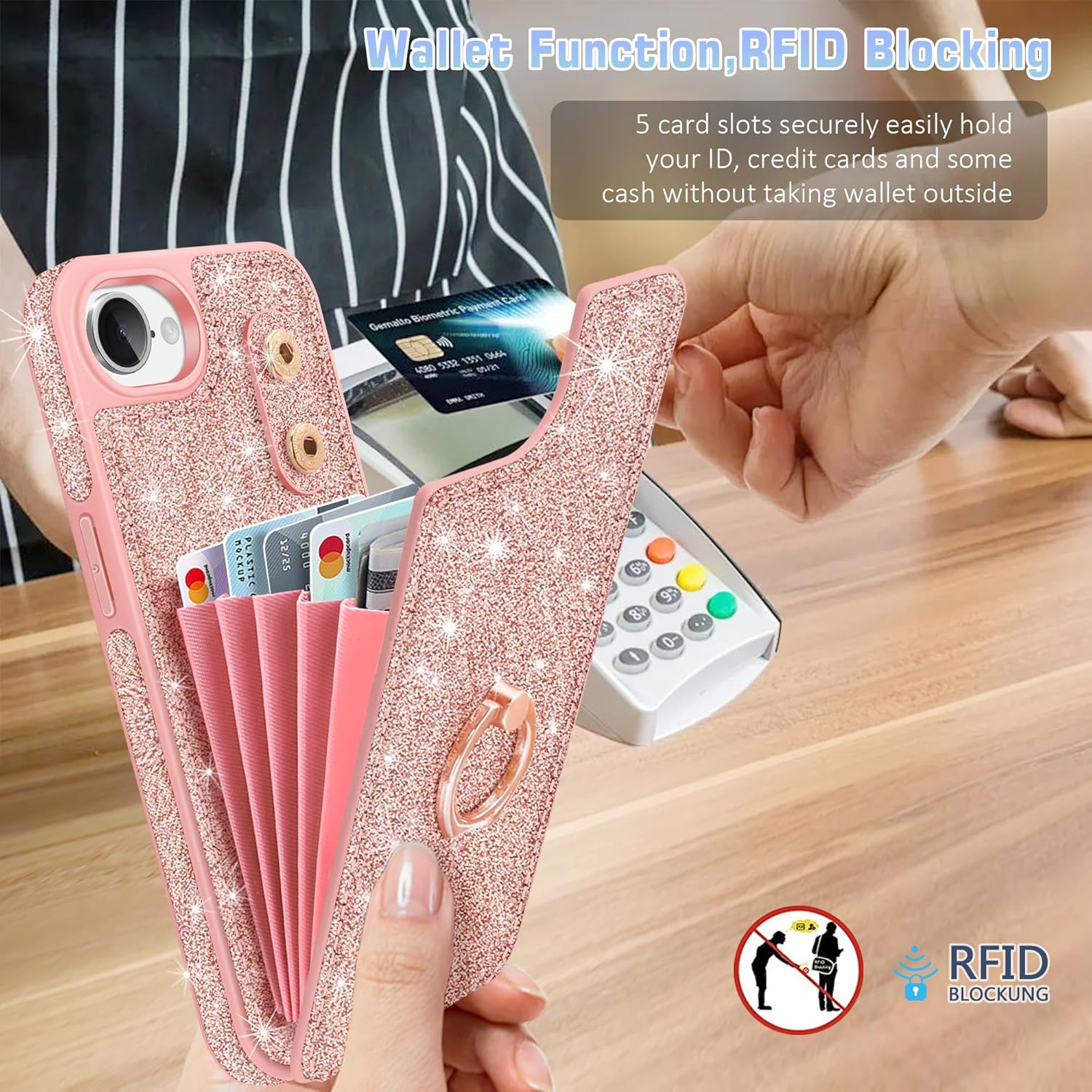 Compatible with iPhone 17e/16e Case Wallet,Glitter 5 Card Holder & 360°Rotation Ring Stand Shockproof Cover for Women Girls Shiny Flip PU Leather Case for iPhone 16E/17E,6.1Inch,Rose Gold