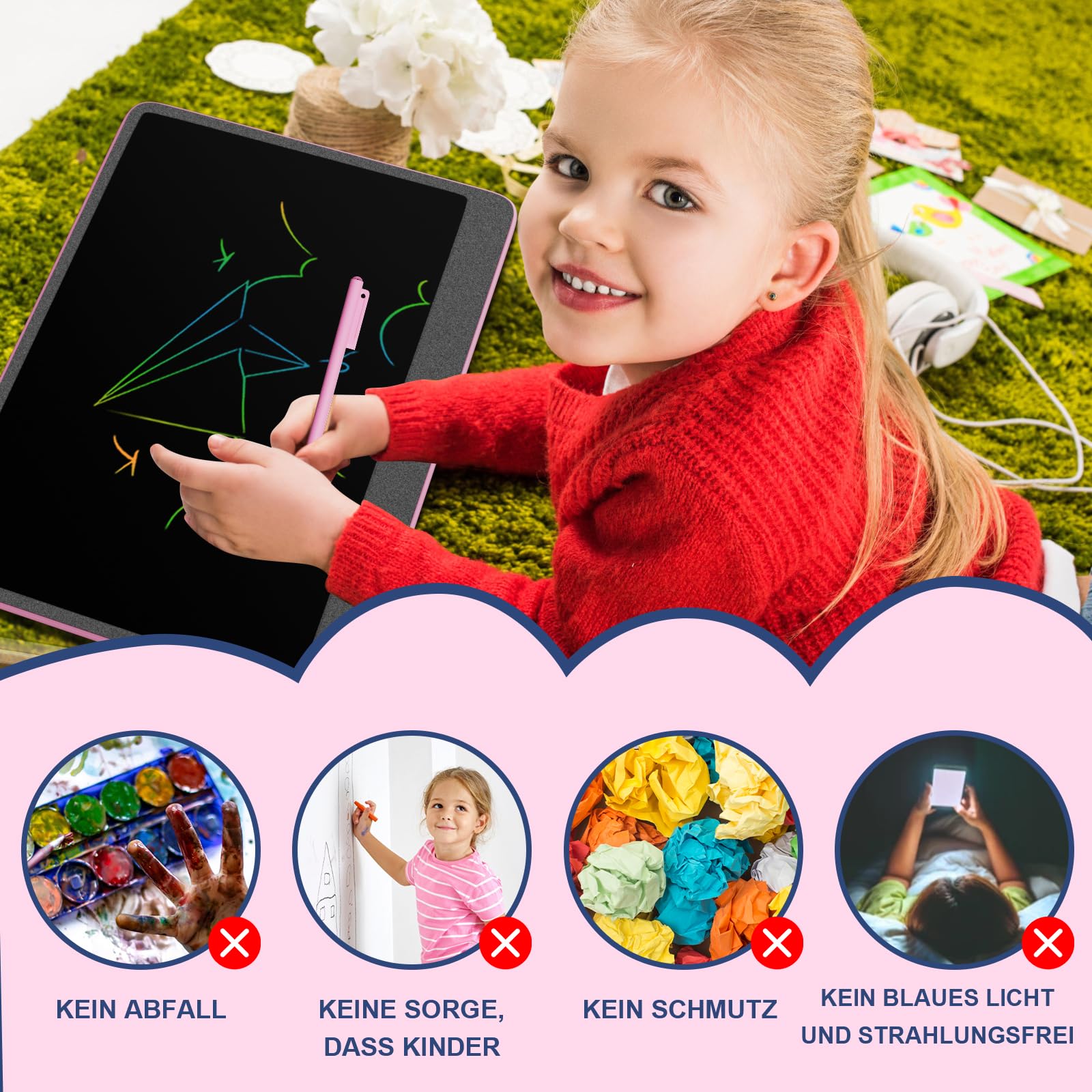 16 Zoll Bunte LCD Schreibtafel, Große Zeichentafel Elektronischer Tablette mit Sperr-& Löschfunktion, Augenschutz-Kritzelblock, Spielzeug & Geschenke für Kinder & Erwachsene zu Hause, Schule - Rosa - 5