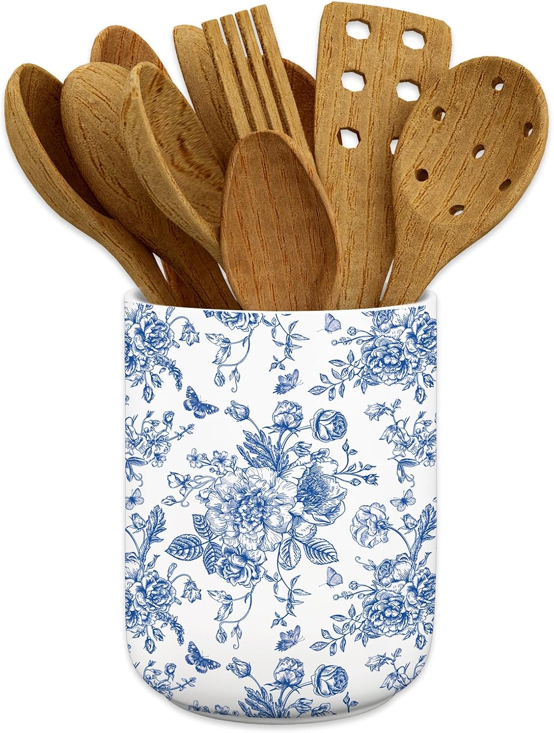 JarThenaAMCS Chinoiserie Floral Ceramic Utensil Holder Blue Flower Butterfly Utensil Crock for Home Kitchen Countertop Storage Organizer Container
